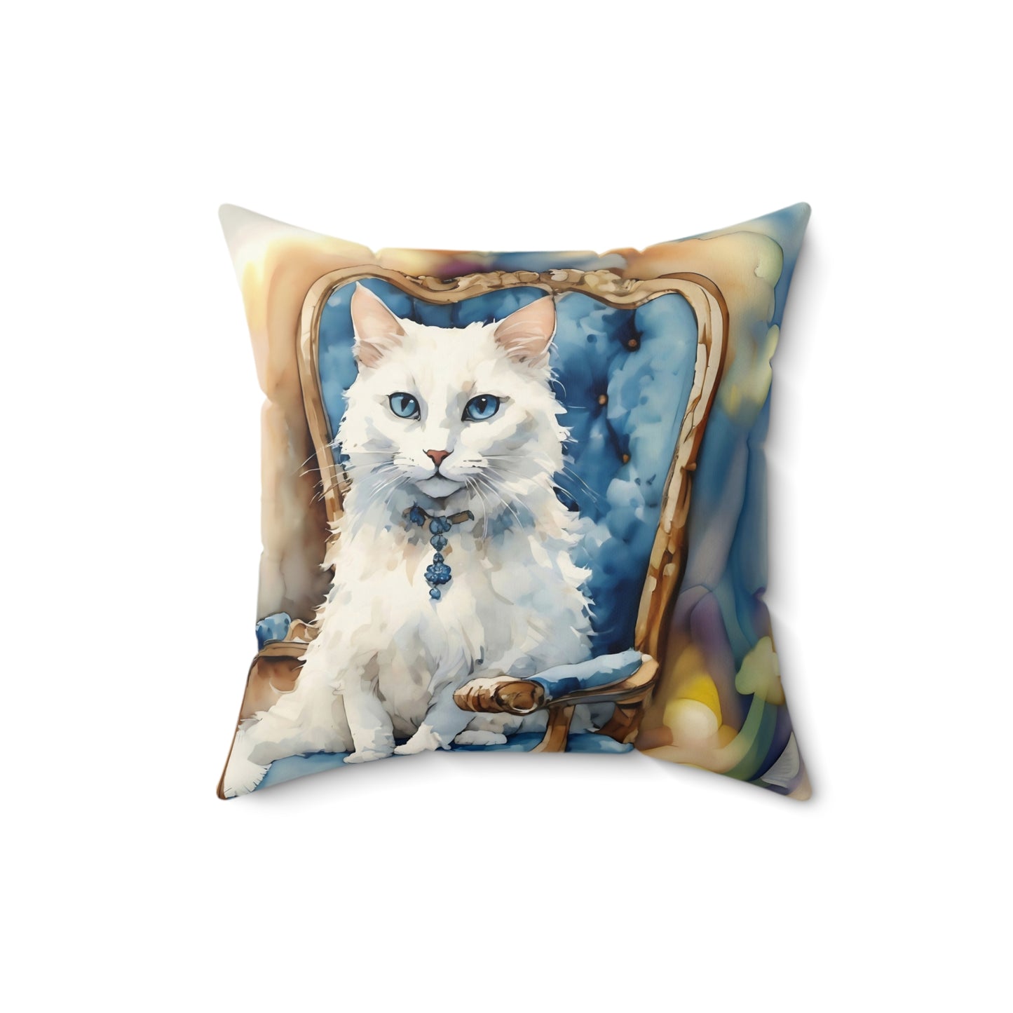 Square Pillow Adorable White Cat with Blue Eyes Art by Fairyhill Studio