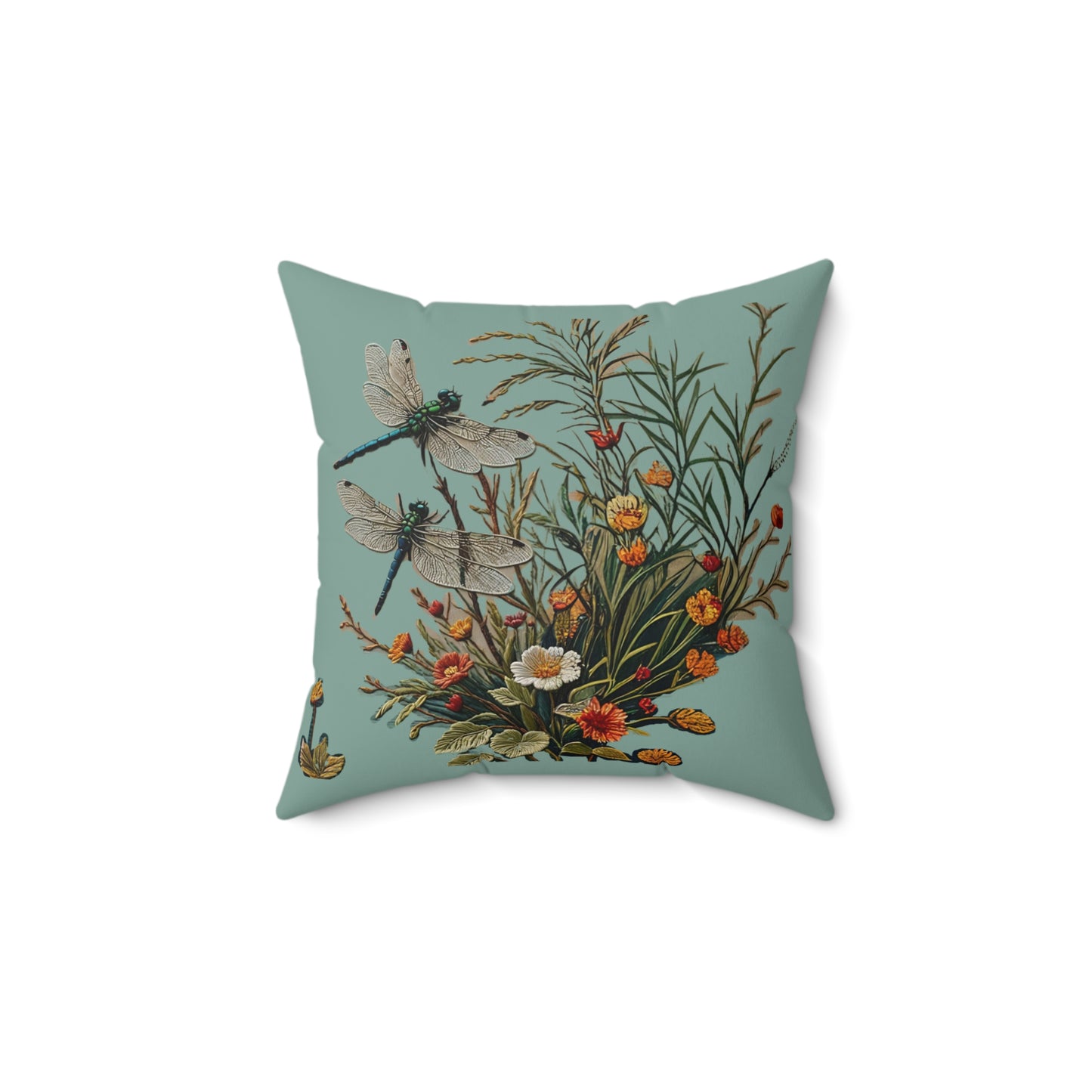 Square Pillow - Dragonflies on a Blue Pond with flowers Art by Fairyhill Studio