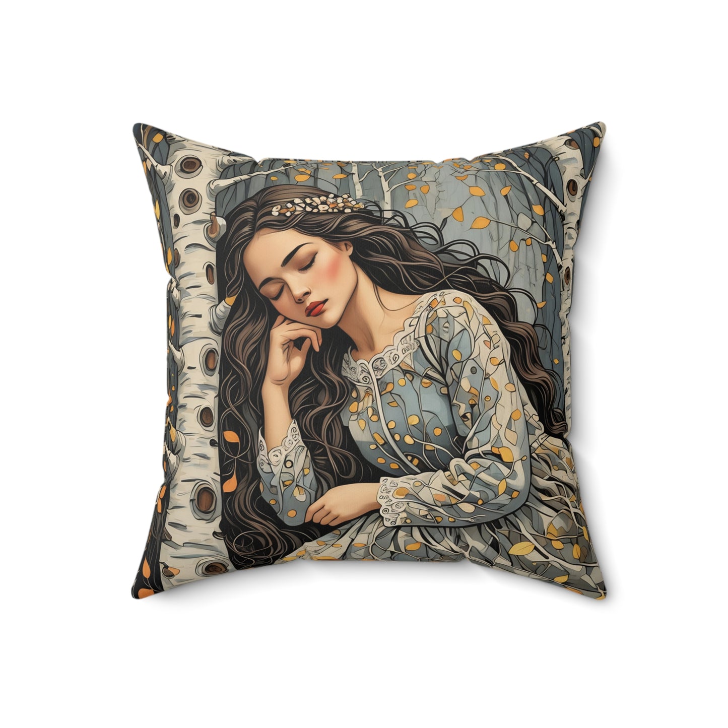 Square Pillow - Sleeping Beauty of the Birch Forest Fairy Hill Studio Art Design