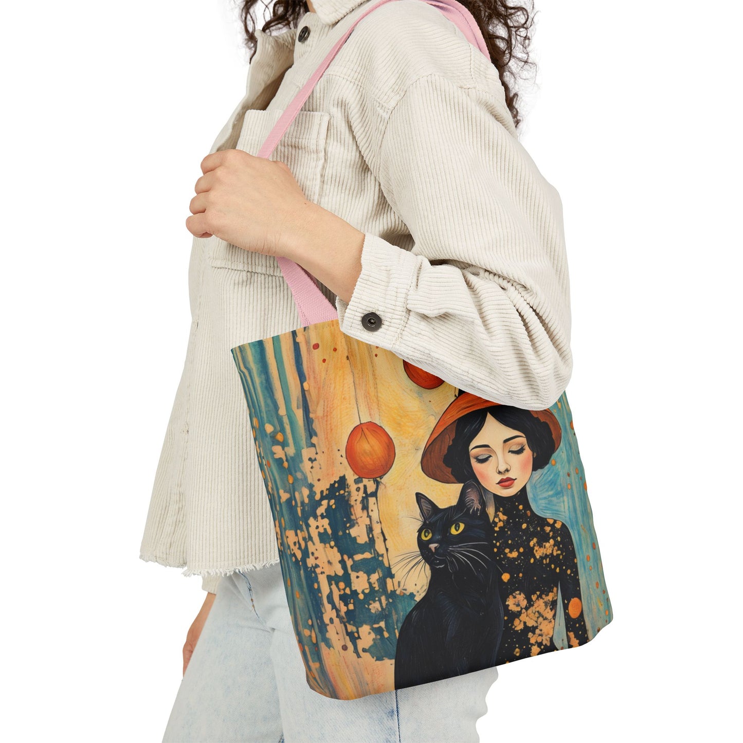 Colorful Witch and black cat-Inspired Canvas Tote Bag - Perfect for Beach Days, Eco-Friendly Shopping, and Summer Fun!