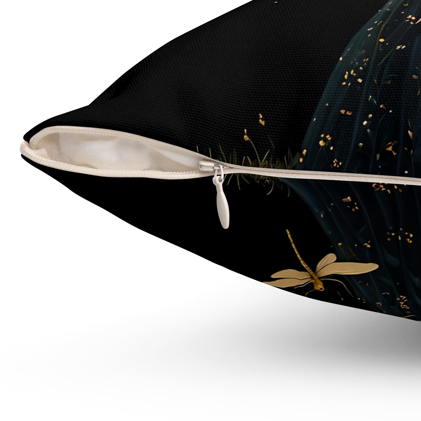 Square Pillow - Midnight Girl with Golden Dragonflies at Night Art by Fairyhill Studio
