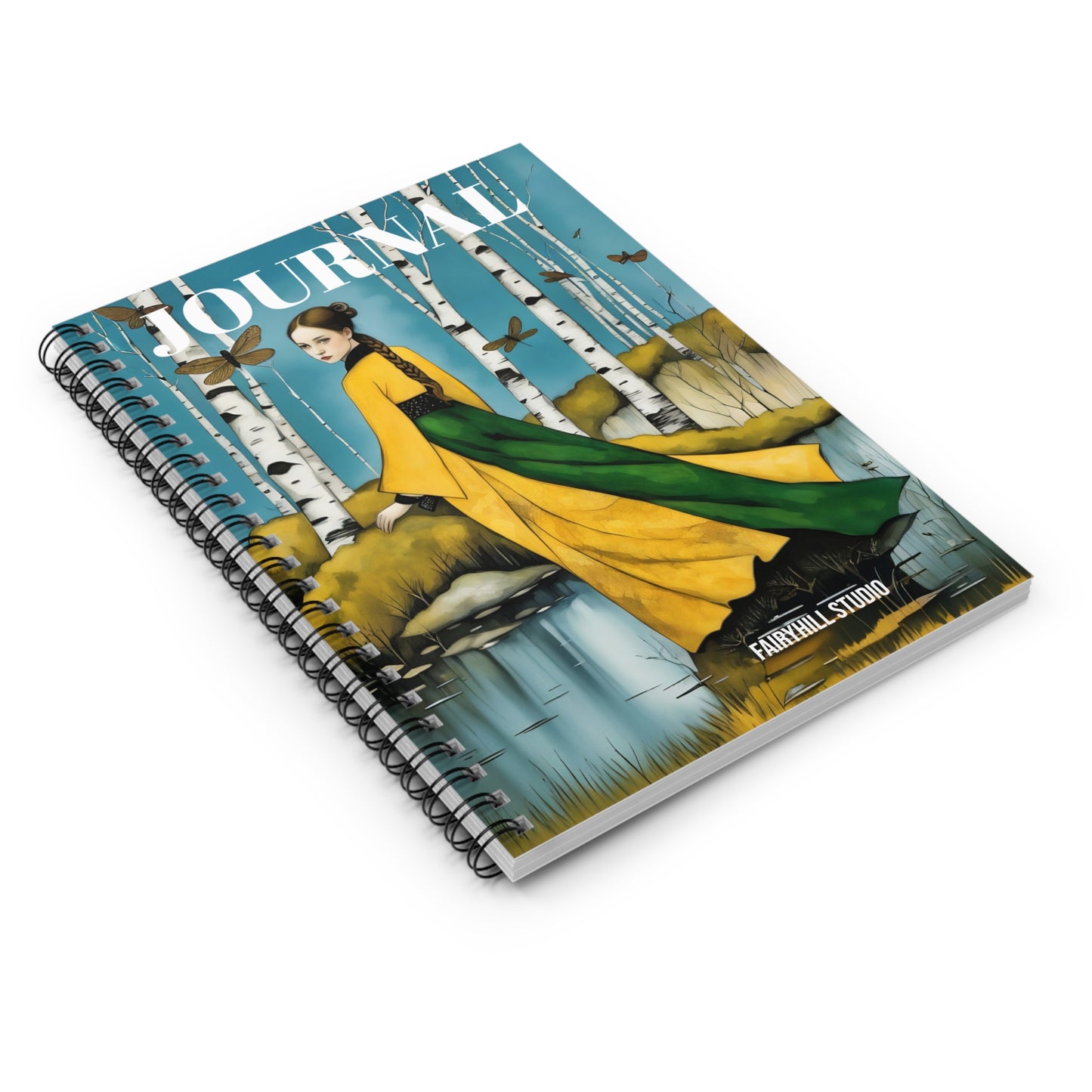 Spiral Notebook - Enchanted Lake birch tree forest and a lake Girl with a Dragonfly
