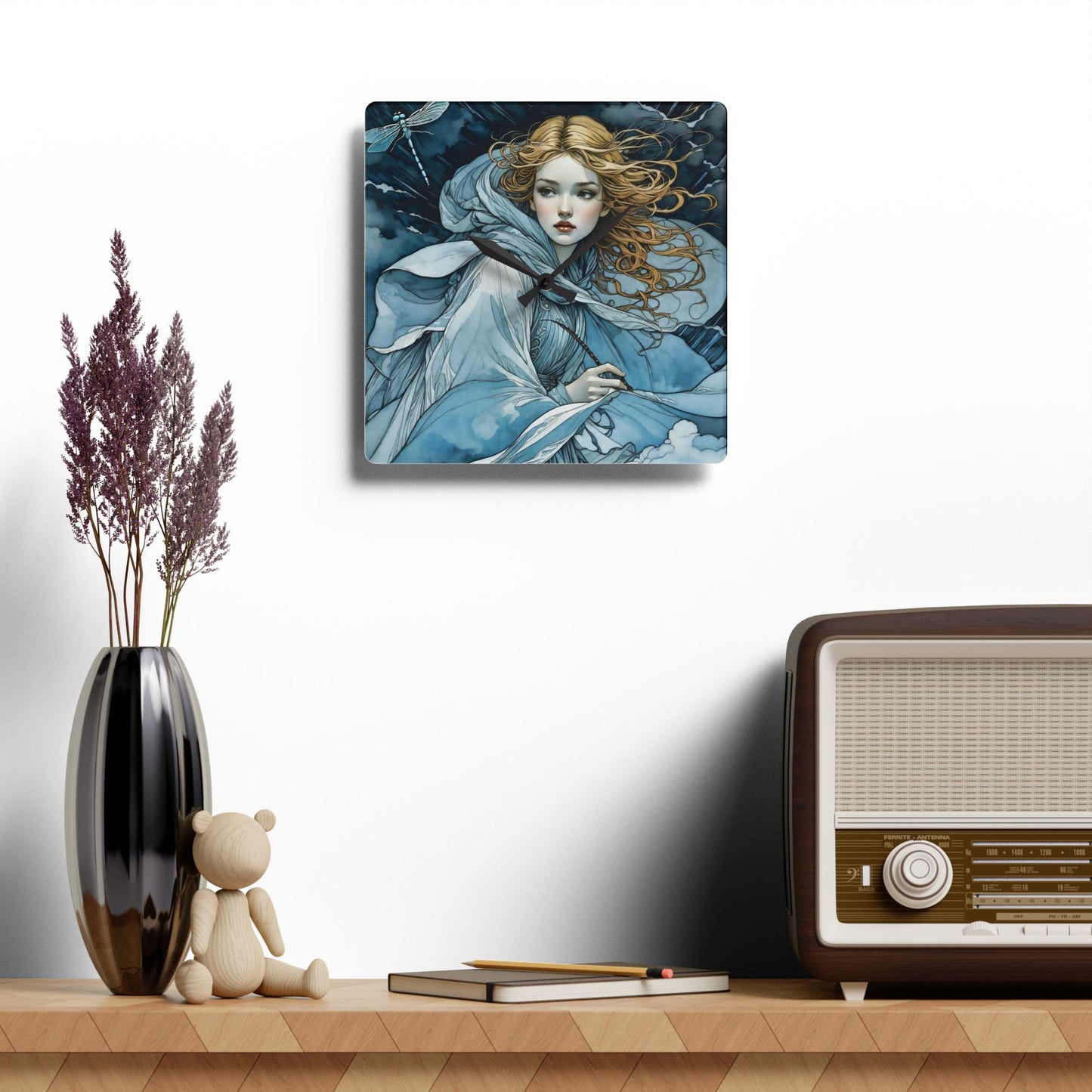 Acrylic Wall Clock Blue fairy with a dragonfly art by Fairyhill studio