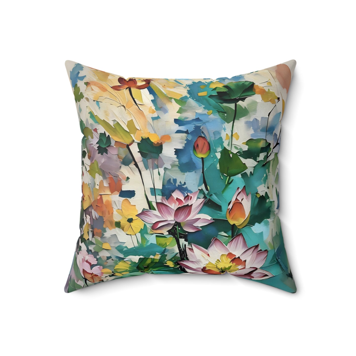 Square Pillow Monet Style Lotus Flowers Art by Fairyhill Studio