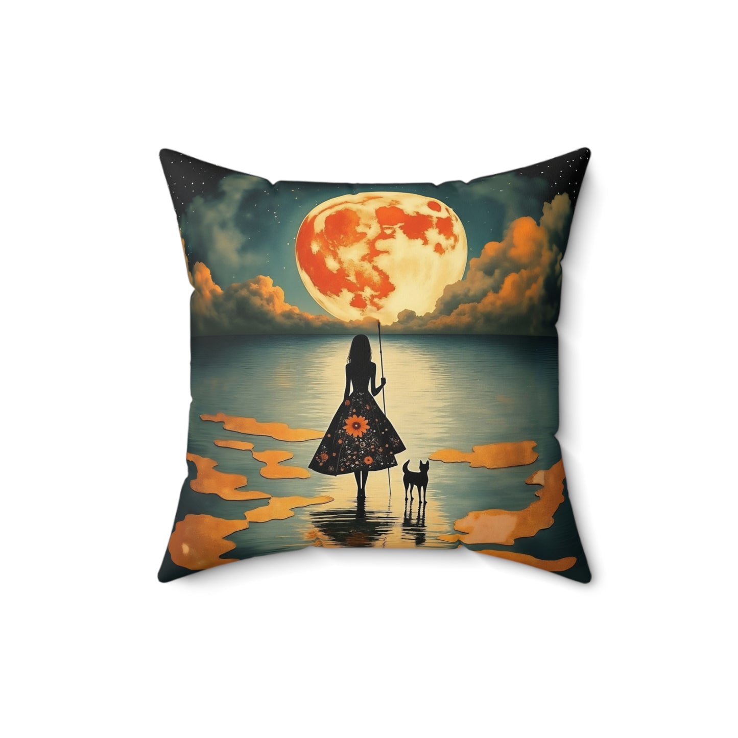 Girl with a fullmoon balloon Square Pillow - by Fairyhill Studio