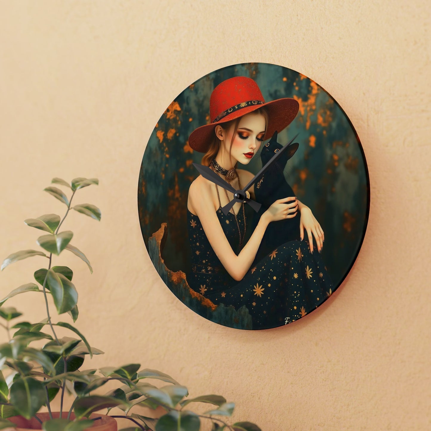 Girl with black cat Wall clock Gift Acrylic Wall Clock