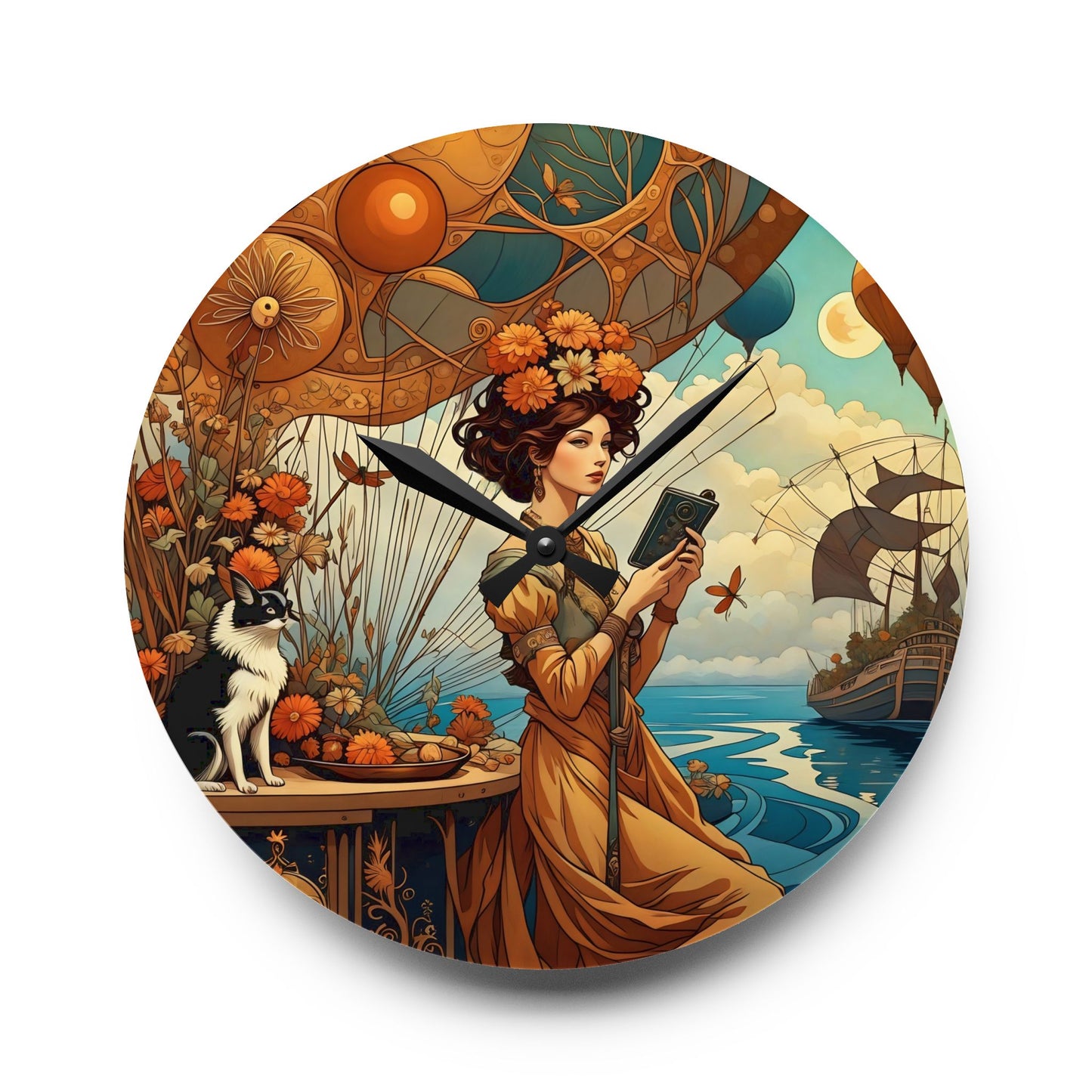 Acrylic Wall Clock Woman Reading Book with Cat and Hot Air Balloons Art