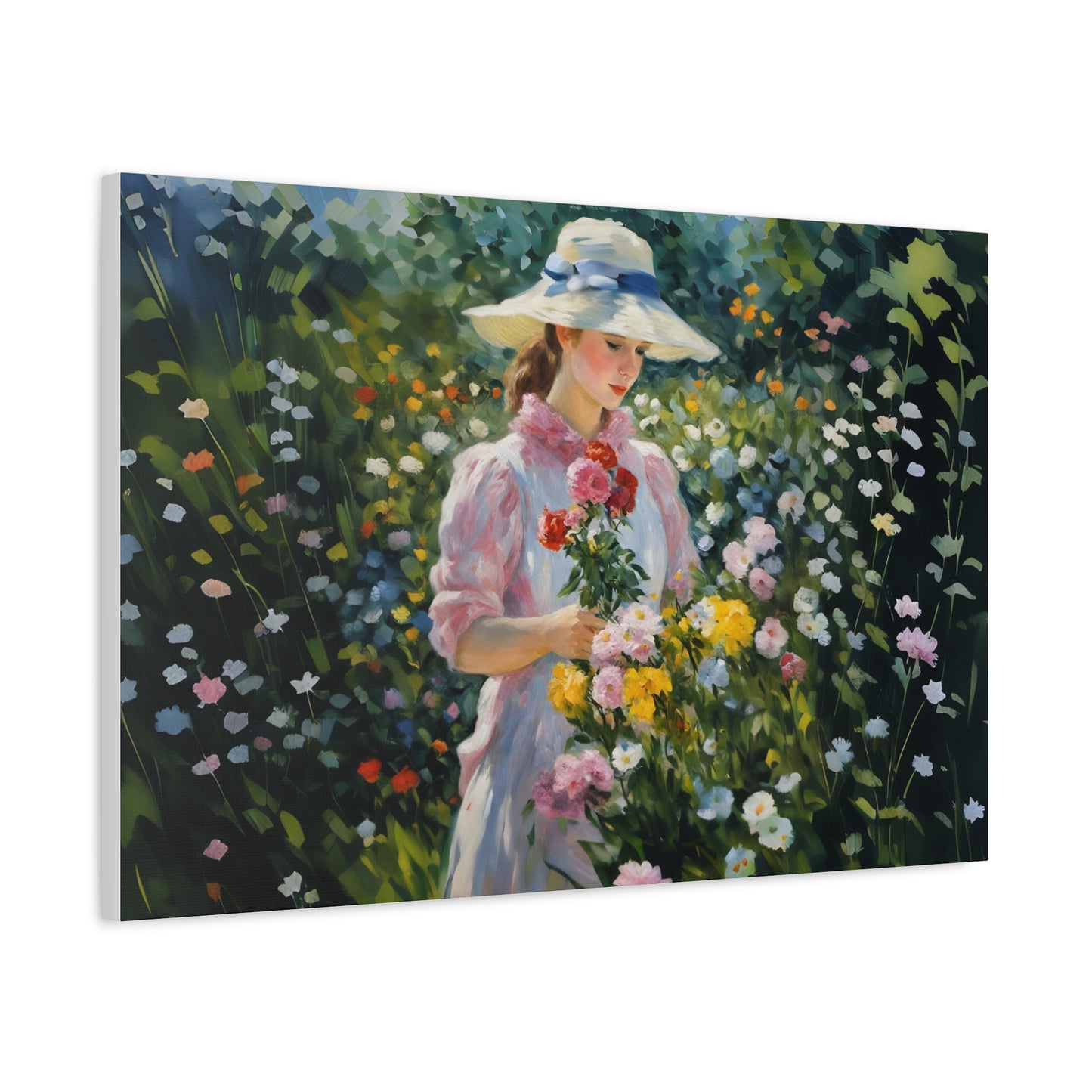 Canvas Art - Monet Style Floral Serenity with Elegant Woman and Flower Basket, Stretched Matte 1 25"