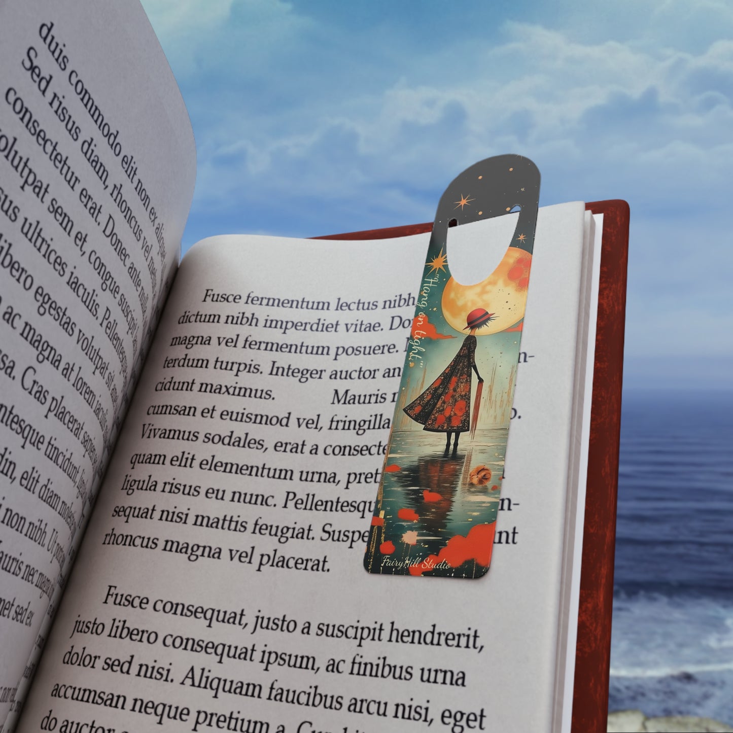 Girl with red hat and umbrella Illustration Bookmark, Cute Metal Bookmark, Gift for circus Lovers, Reading Accessory, Book Lover Gift, Unique Gift Idea
