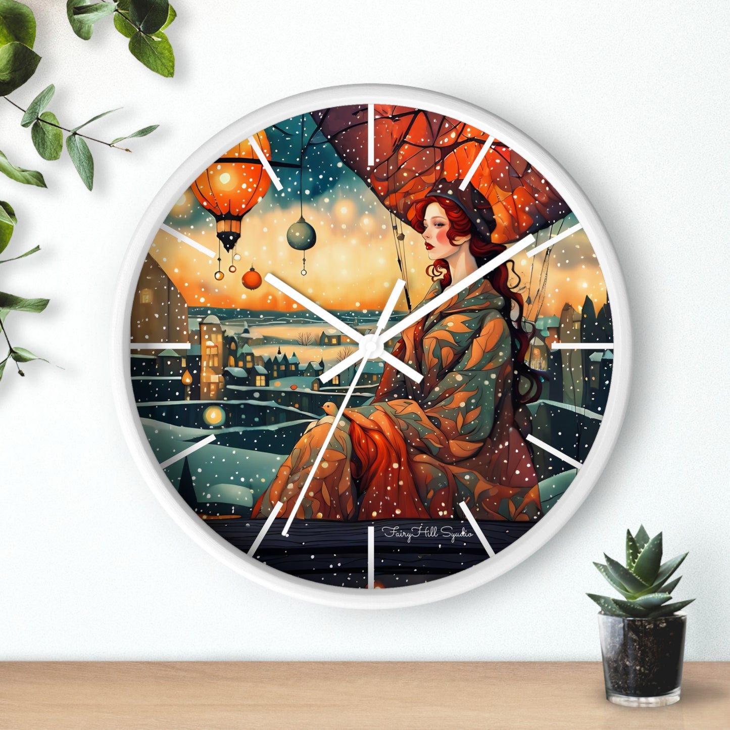 Whimsical City snow Wall Clock, Boho Home Decor, Cat Lover Gift, Cozy Living Room Accessory, Unique Cat Artwork