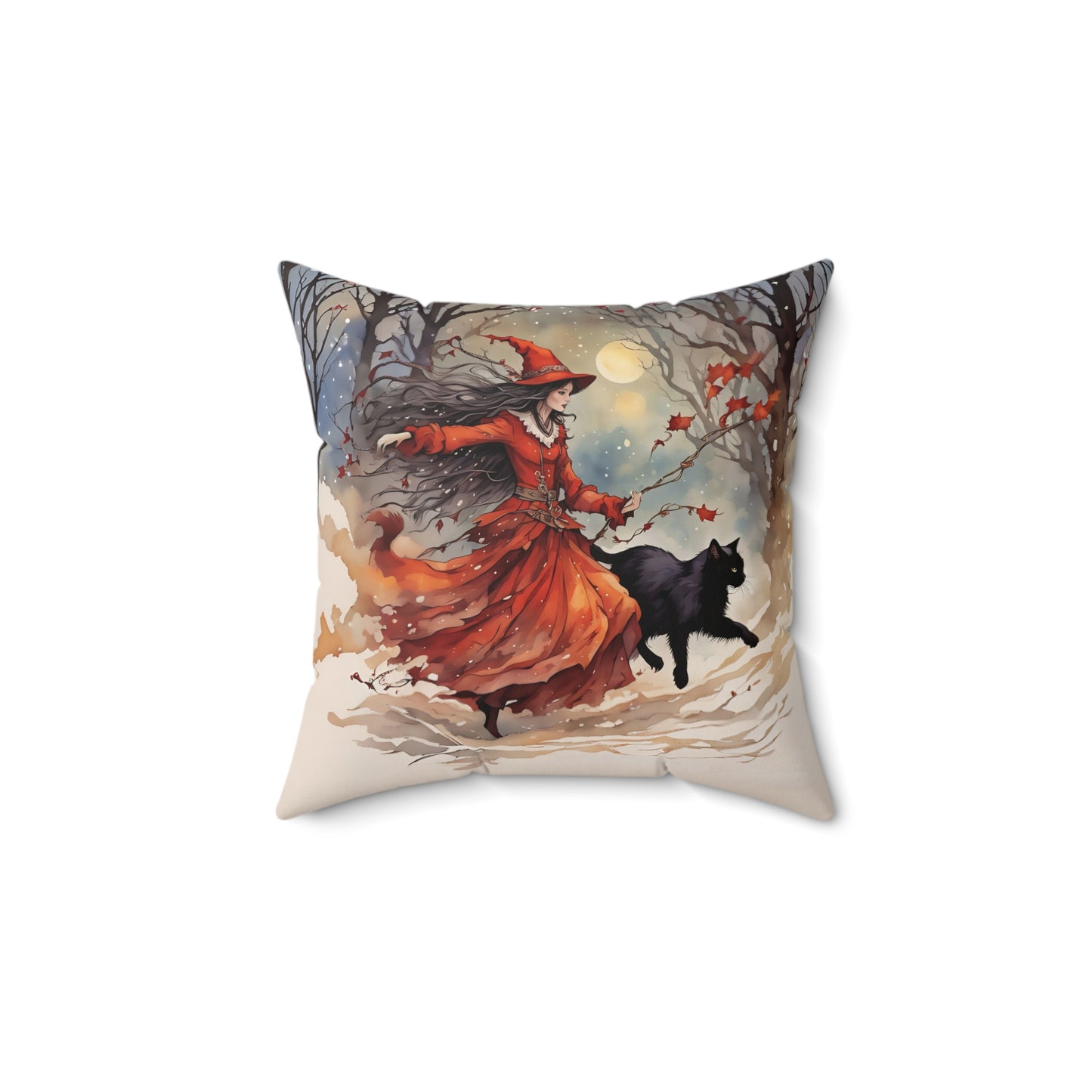 Crimson witch with black cat pillow Square Pillow - by Fairyhill Studio