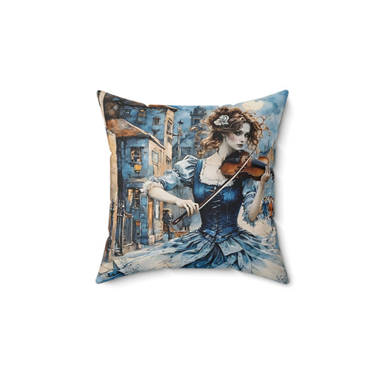 Square Pillow Blue Gypsy Violinist Girl Art