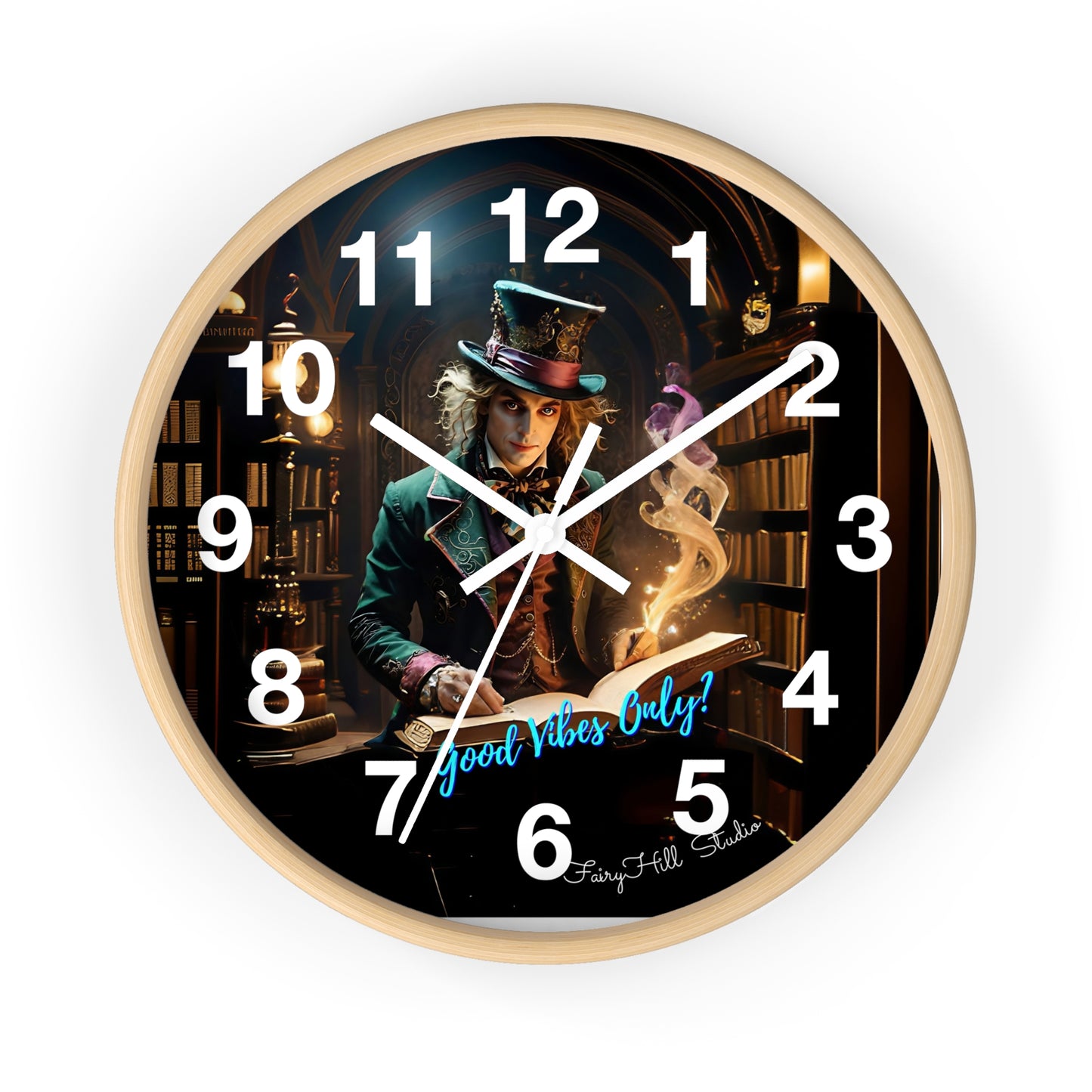 Whimsical Wall Clock - Good Vibes Only, Mad Hatter in a  Library Design