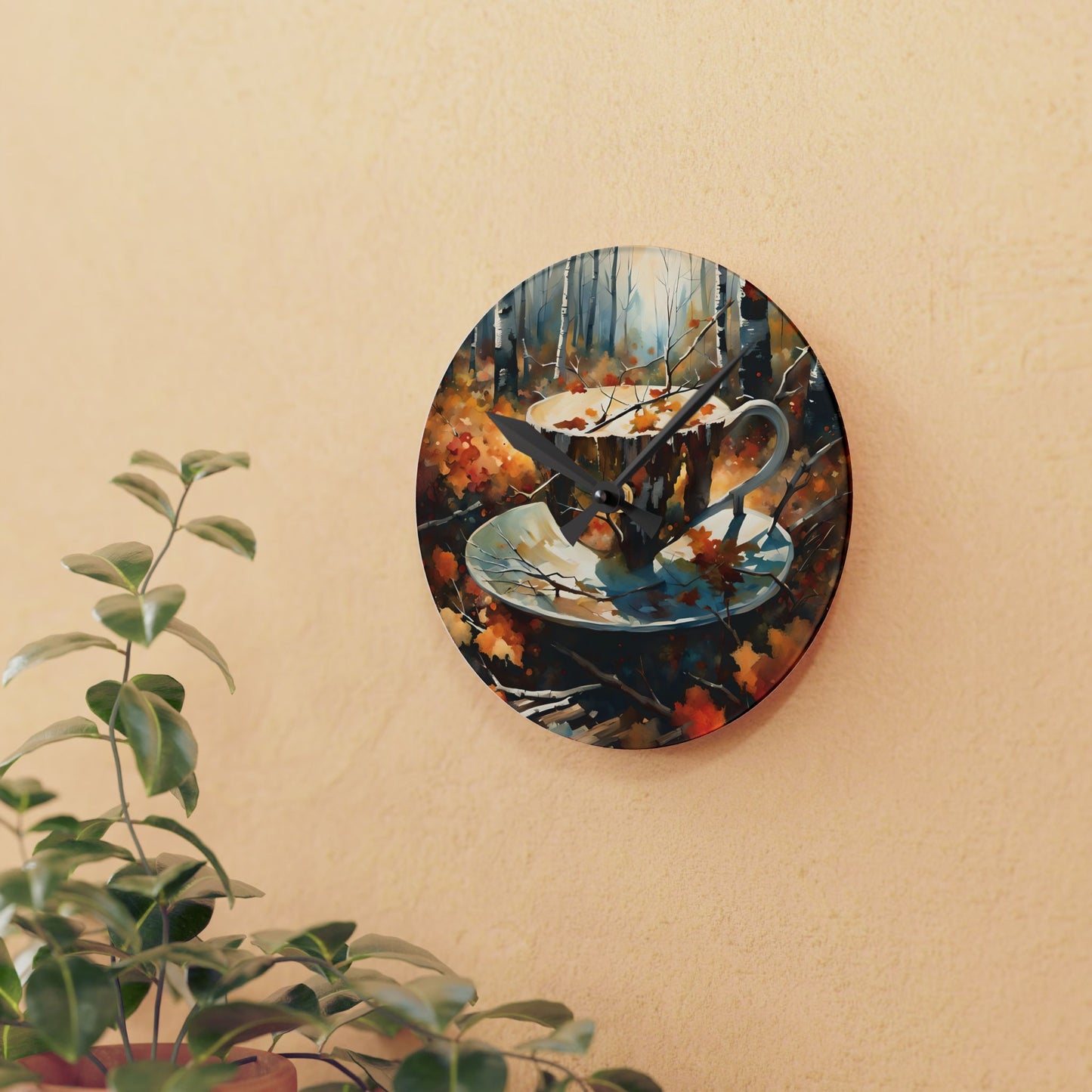 Wall Clock - Fall Coffee Dreams Watercolor Art - Autumn Forest