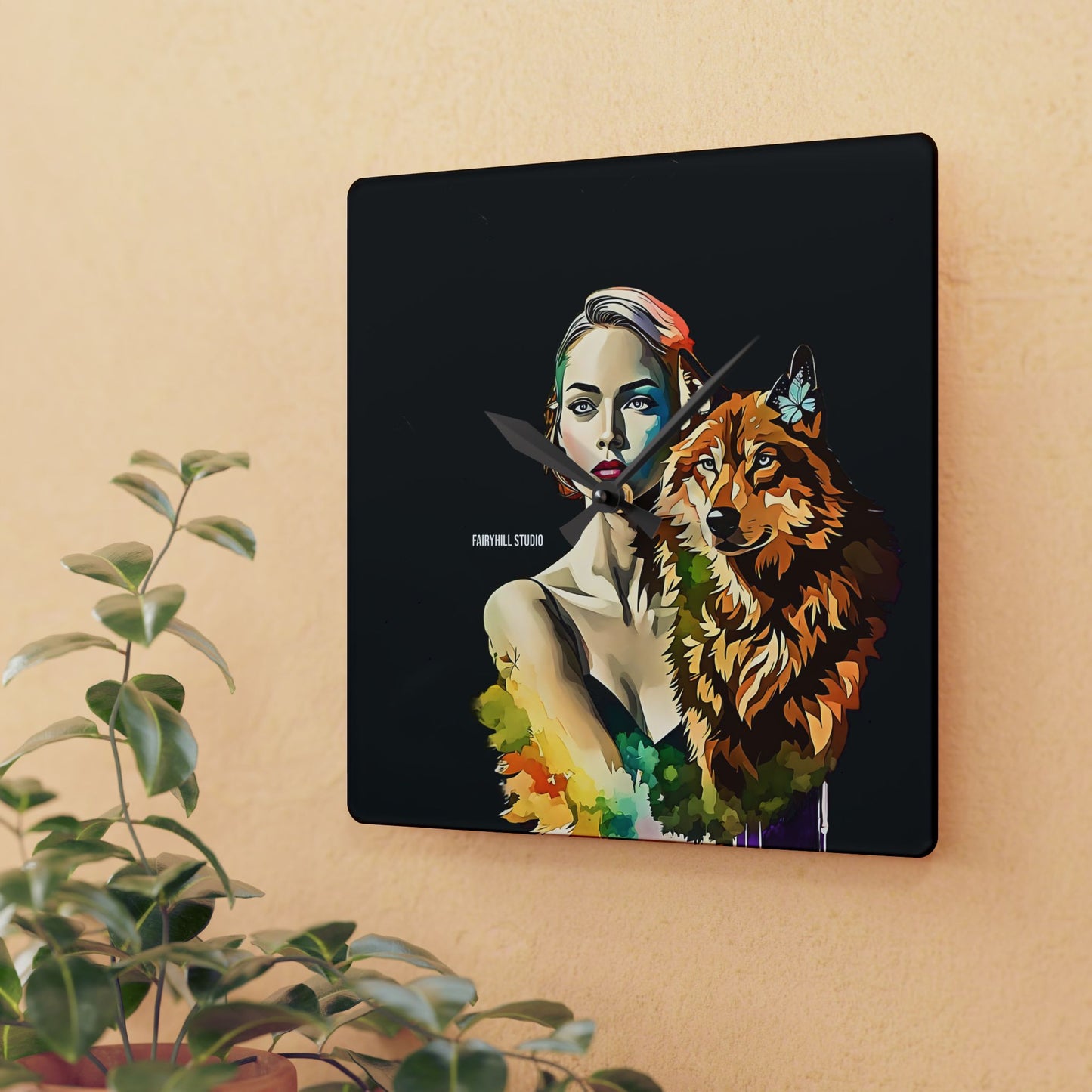 Acrylic Wall Clock -Girl withSpirit Animal Wolf/Art