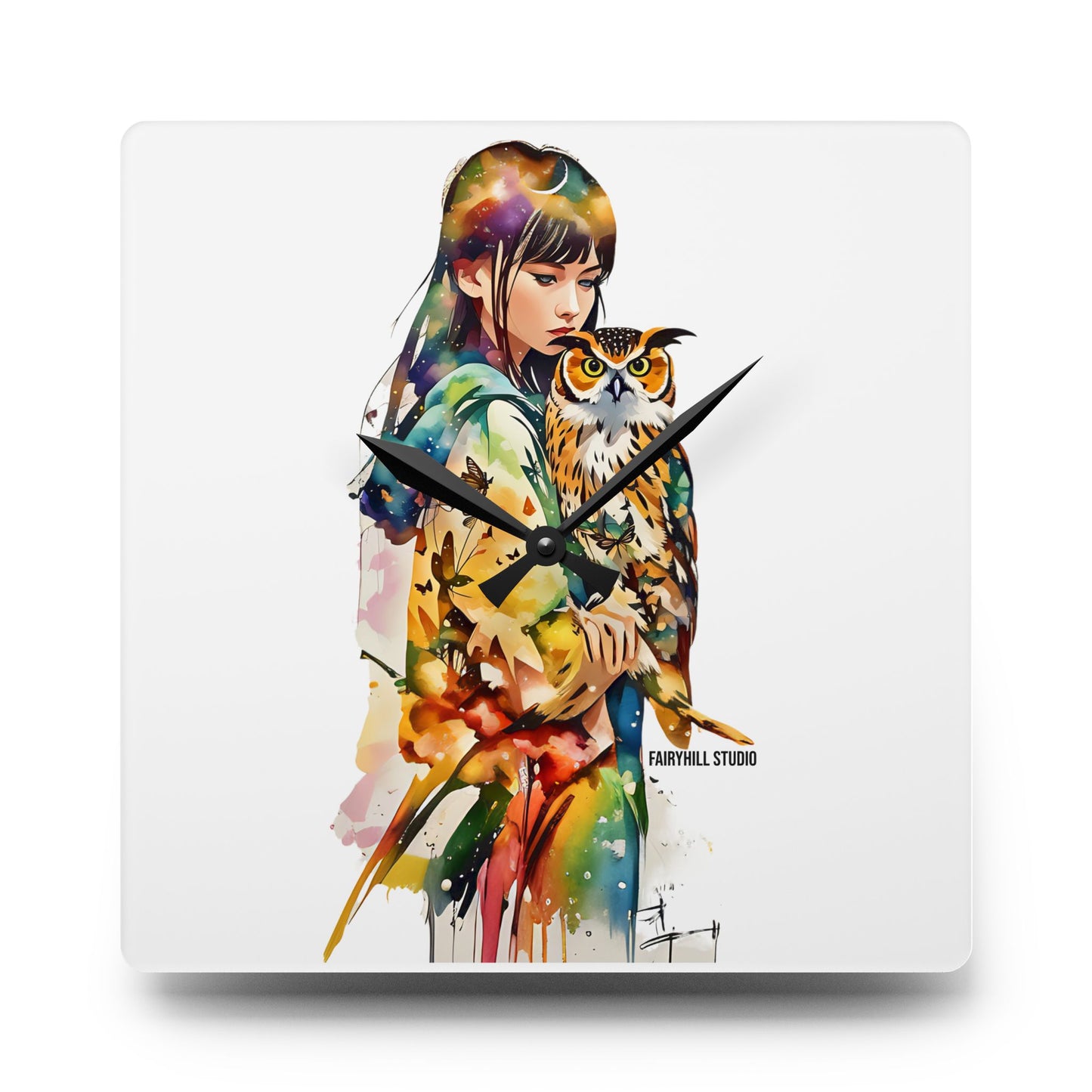 Acrylic Wall Clock -Girl with Owl Art