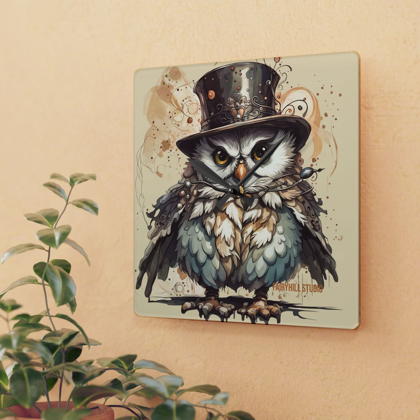 Acrylic Wall Clock - Cute Night Owl Steampunk Art