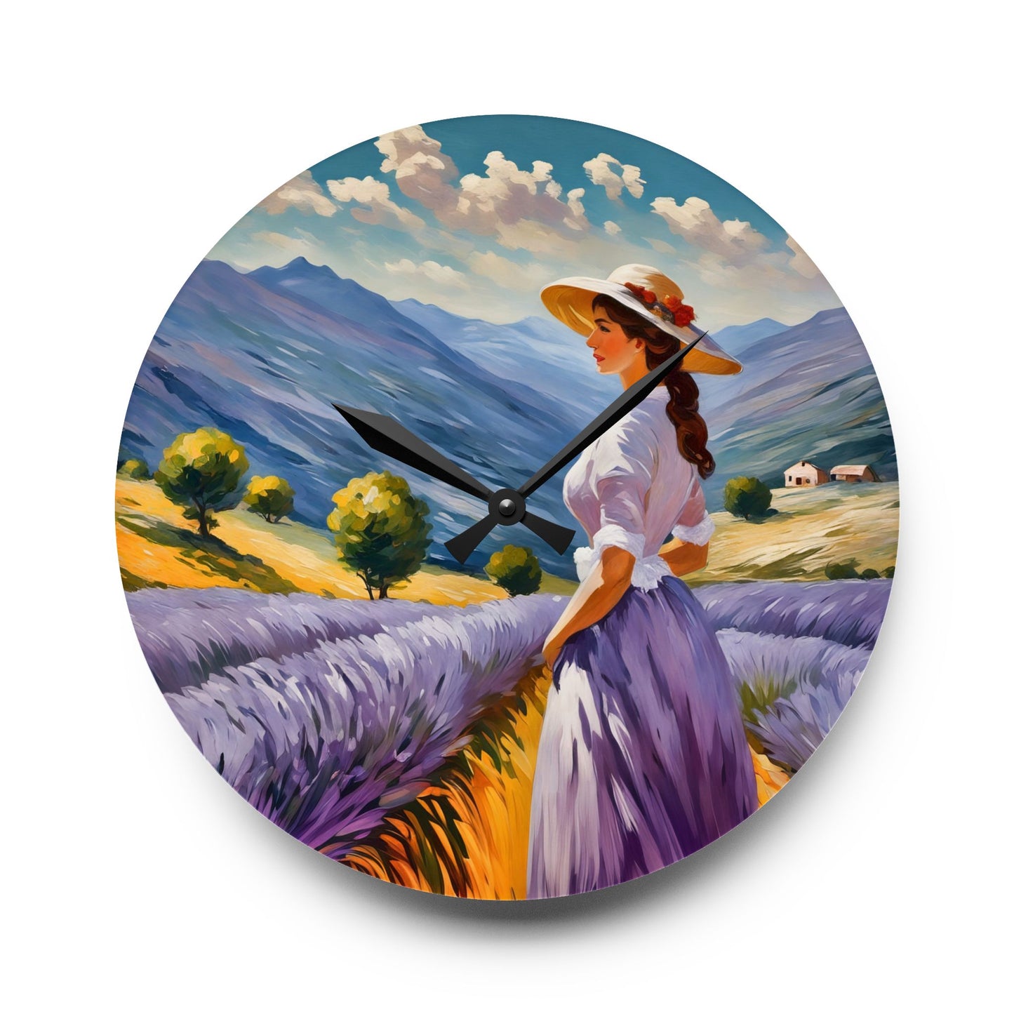 Wall Clock - Woman in Lilac Dress in Lavender Field Art by Fairyhill Studio