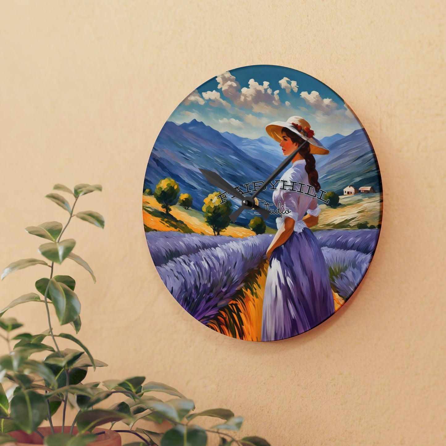 Wall Clock - Lady in Lavender Field Art by Fairyhill Studio