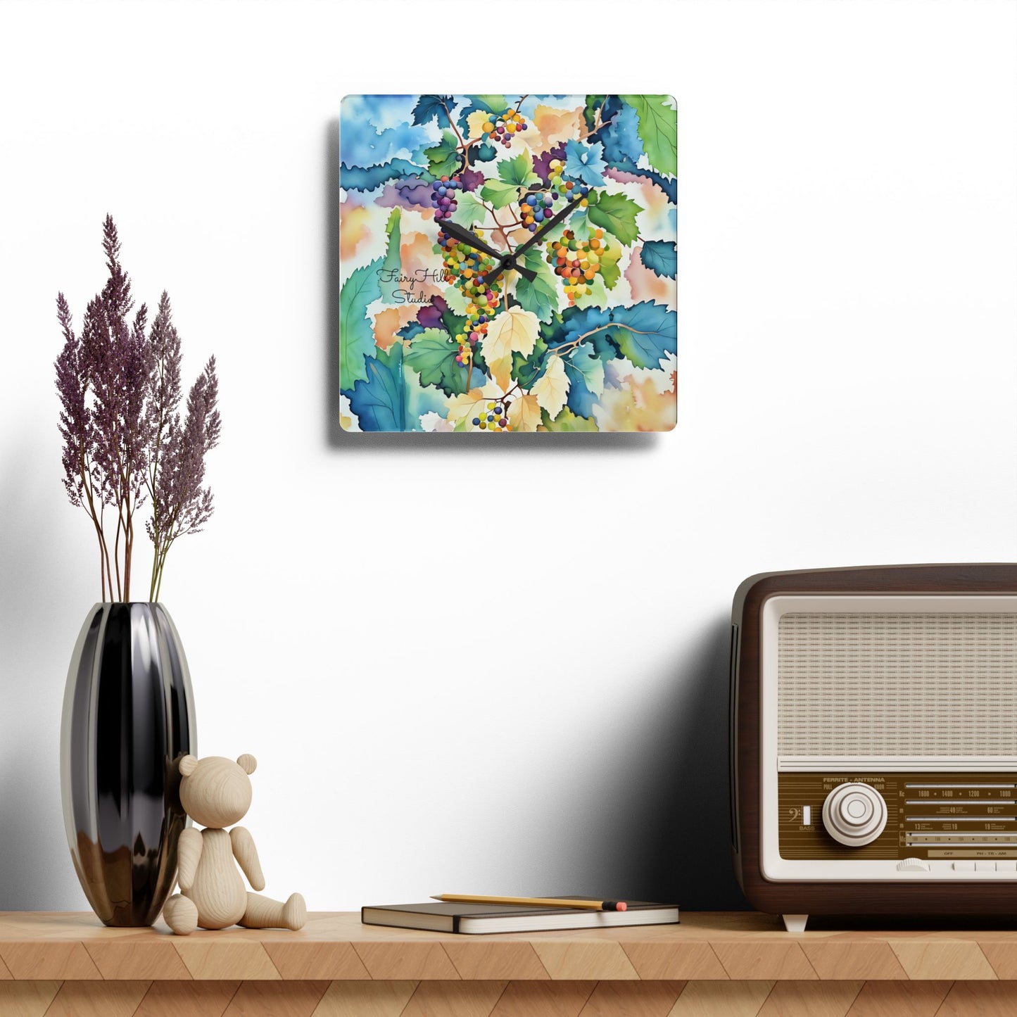 Wall Clock Watercolor Tuscany Grapes Art