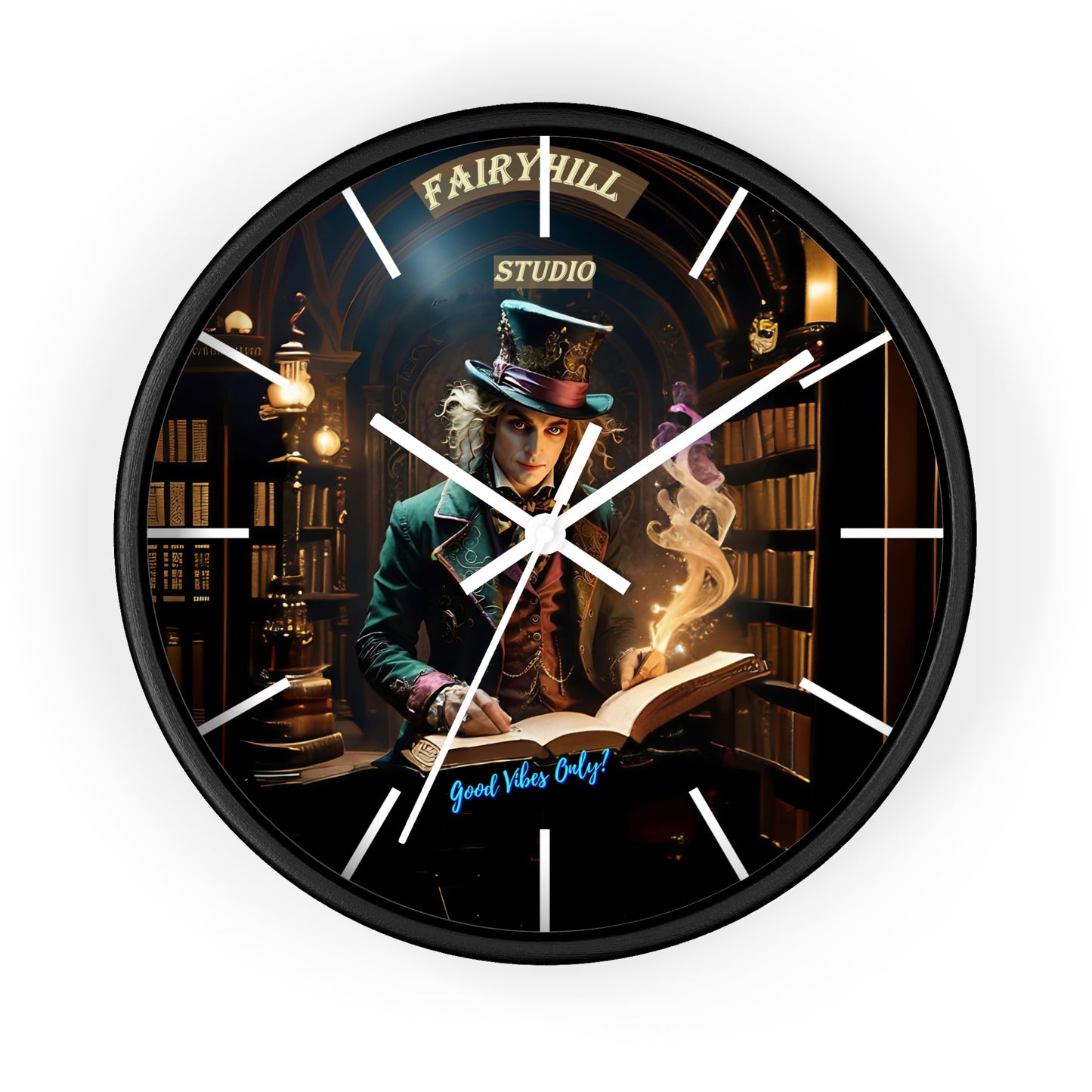 Wall Clock - "Good Vibes Only" Mad Hatter with Books