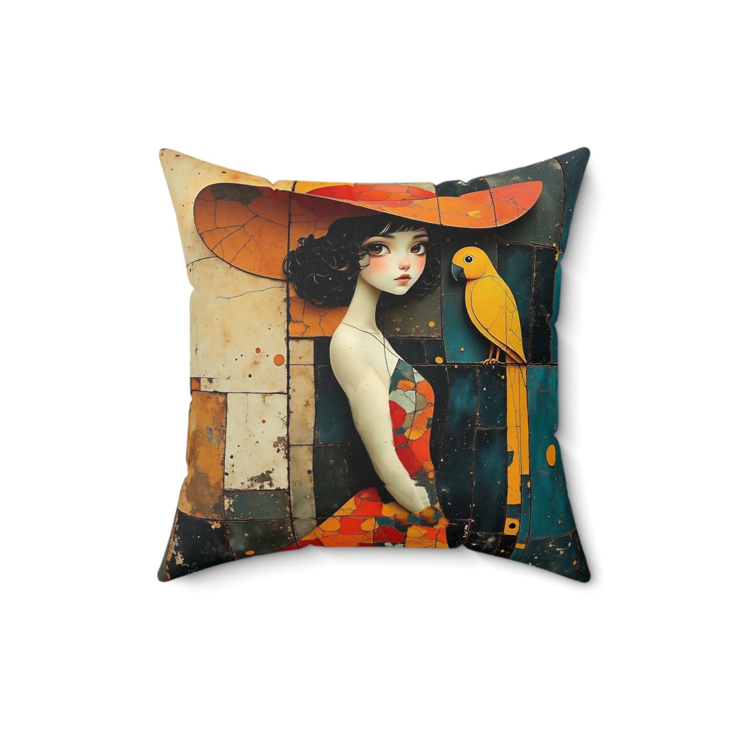 Girl with a yellow parrot Square Pillow - by Fairyhill Studio