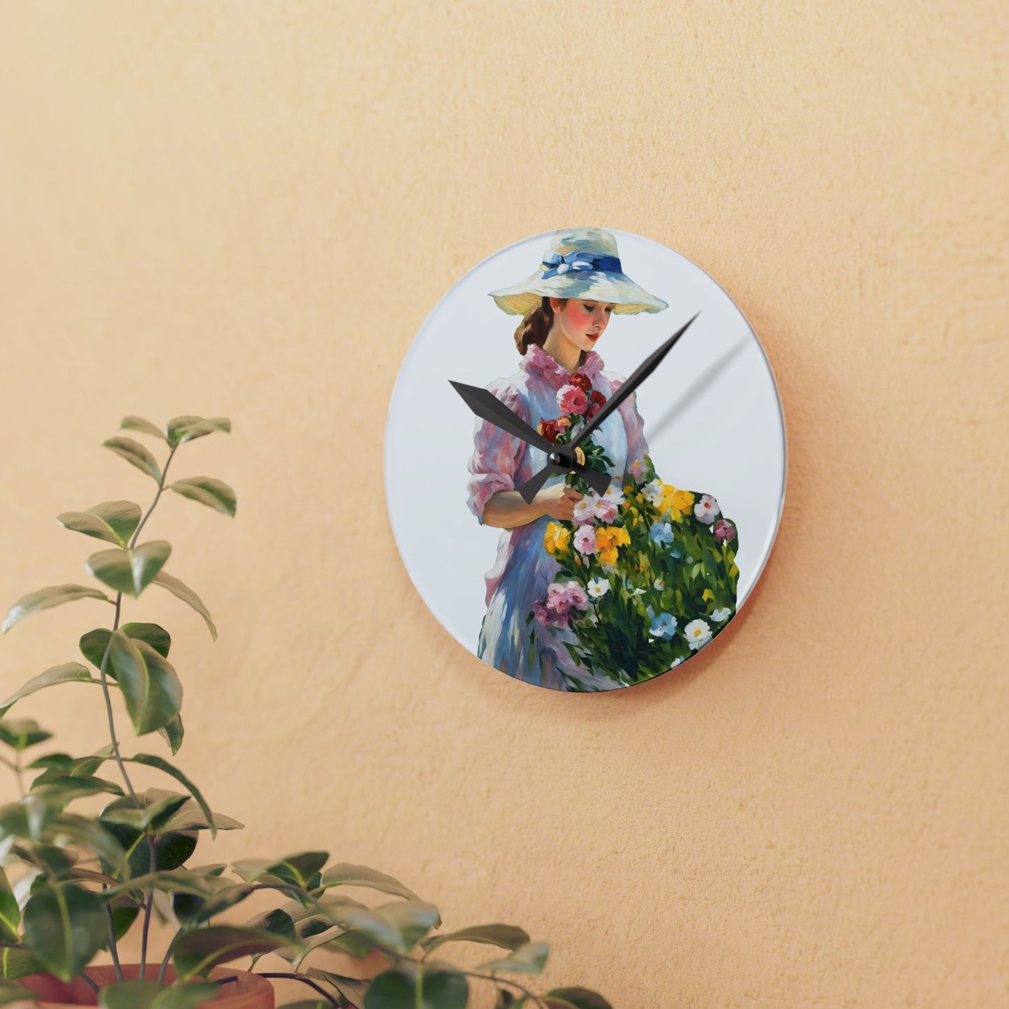 Wall Clock -  Painting of Girl with Flowers