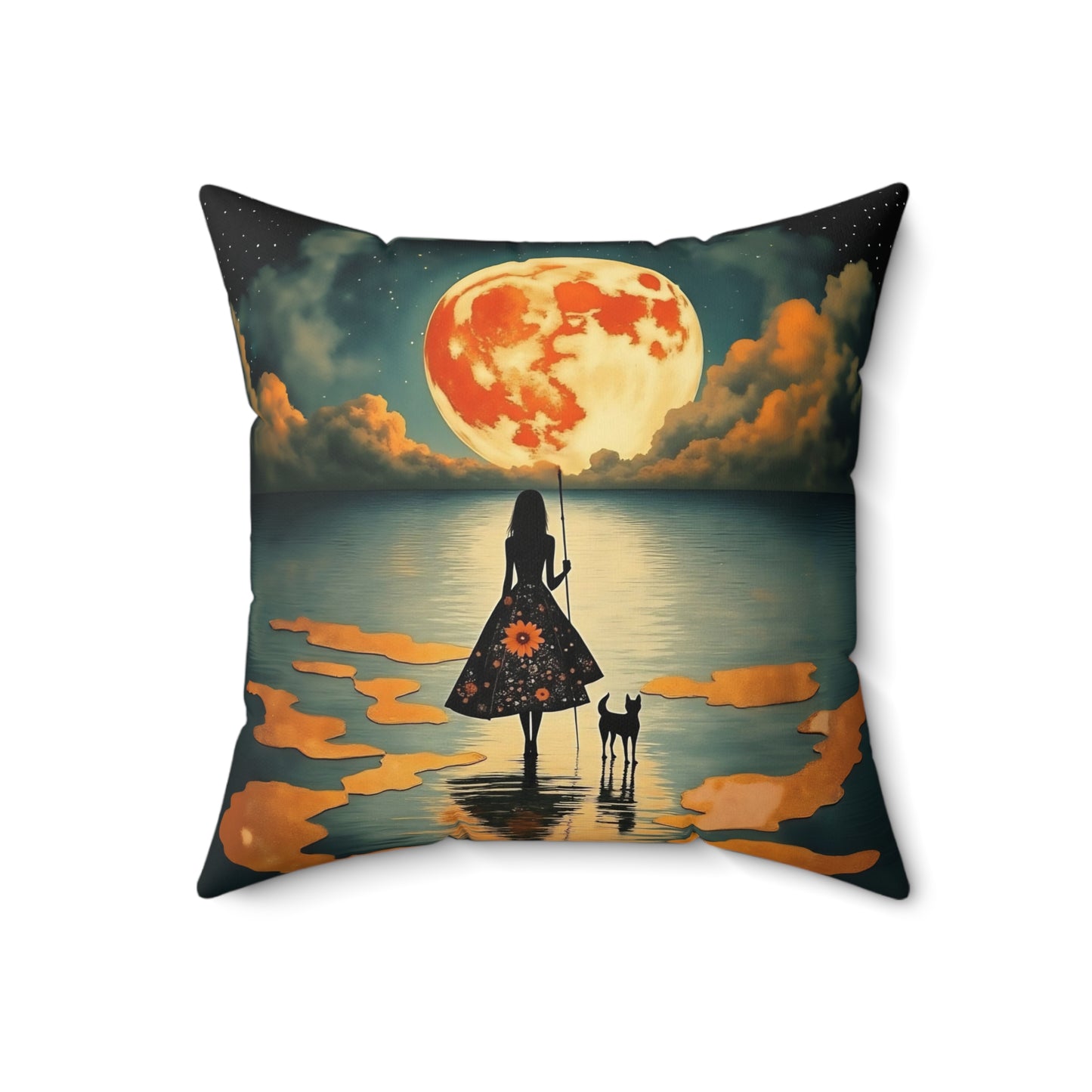 Girl with a fullmoon balloon   Square Pillow - by Fairyhill Studio