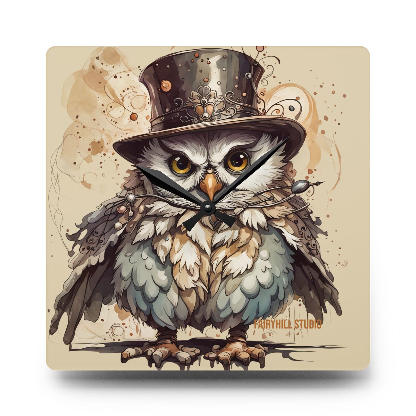 Acrylic Wall Clock - Cute Night Owl Steampunk Art