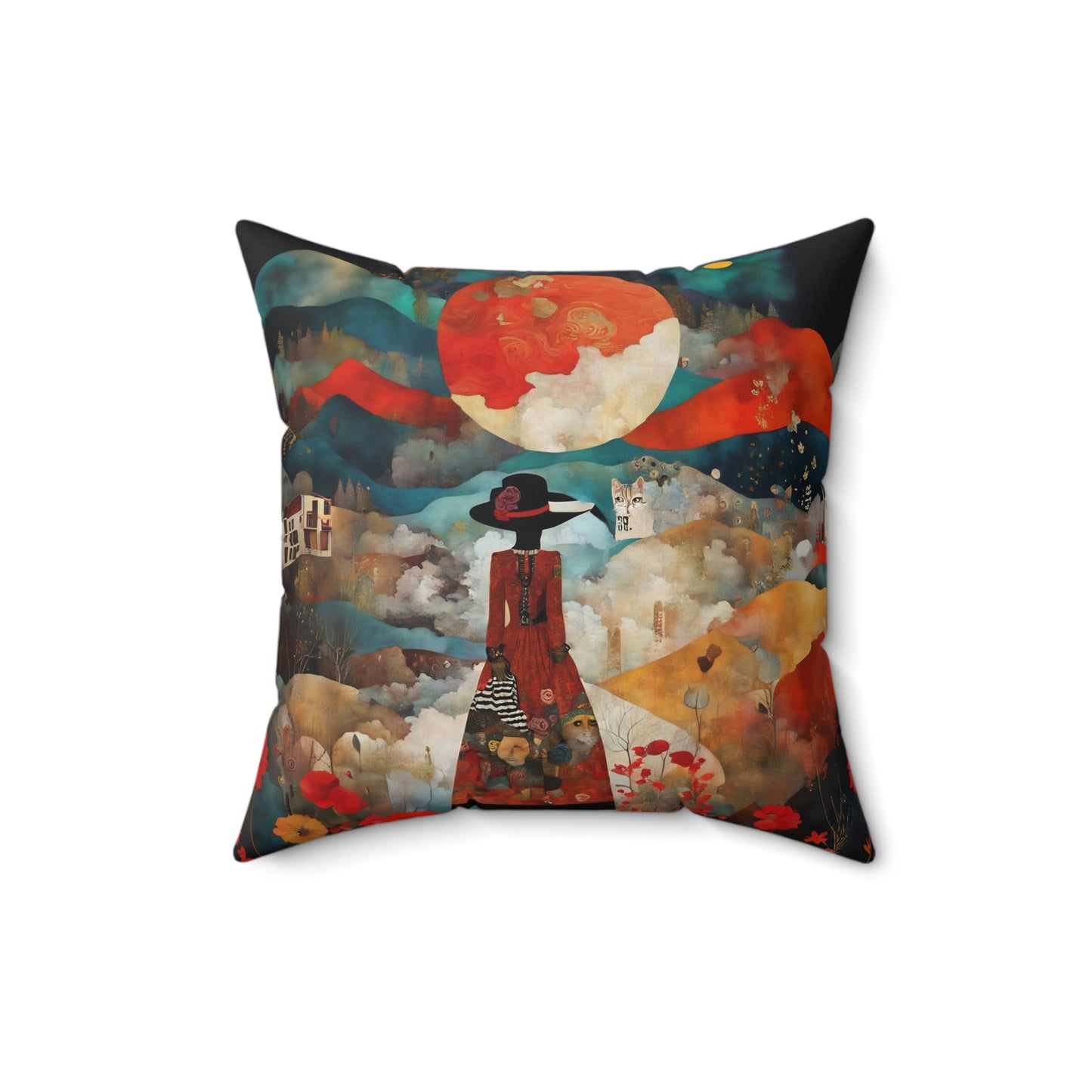 Moon struck/Red poppies Square Pillow - by Fairyhill Studio
