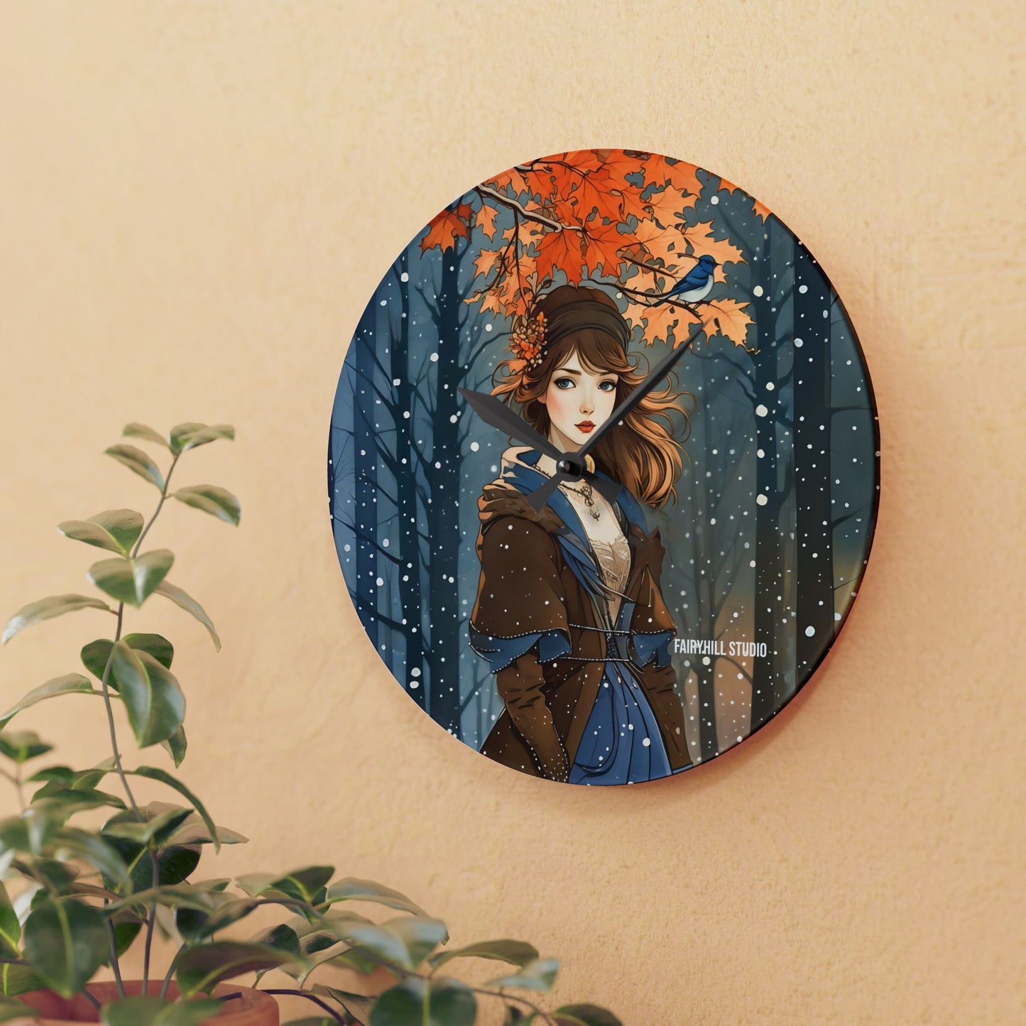 Acrylic Wall Clock - Blue Bird and Girl in Winter Clothing - Autumn to Winter Snow Theme