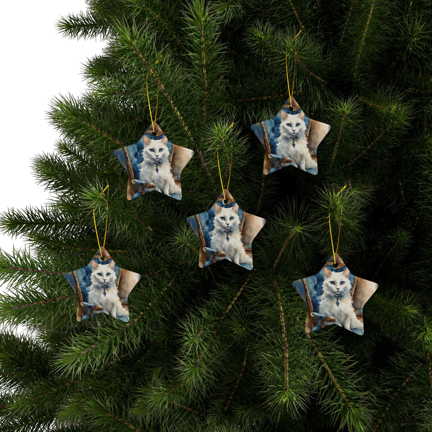 Ceramic Ornaments - White Cat on Blue Chair - 2-Side Print - Holiday Decor