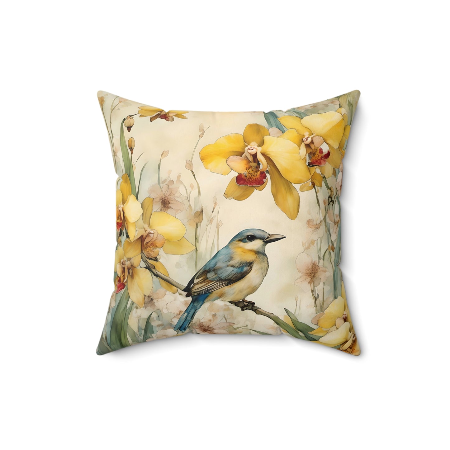 Square Pillow - Yellow Bird Sitting on a Bush - Pastel Tones - Fairyhill Studio Art