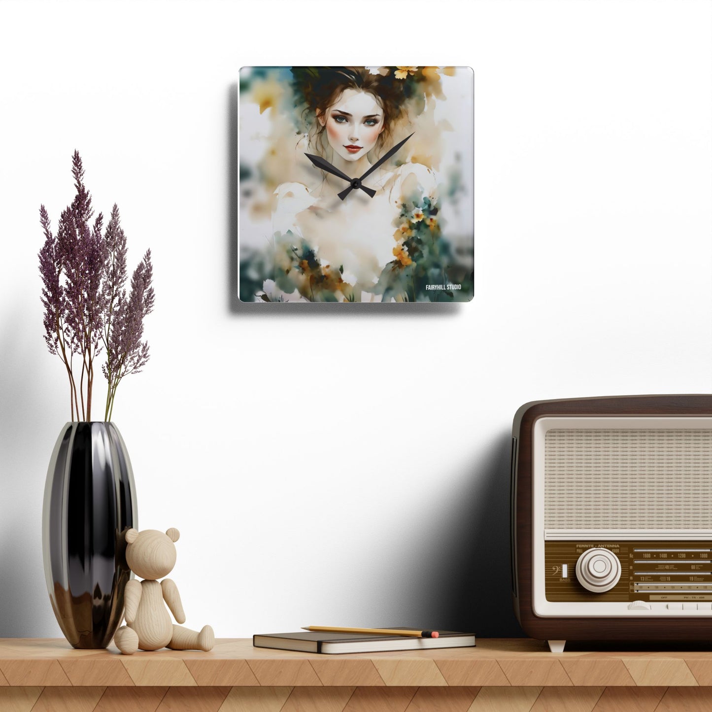 Acrylic Wall Clock Lady in Flowers Art