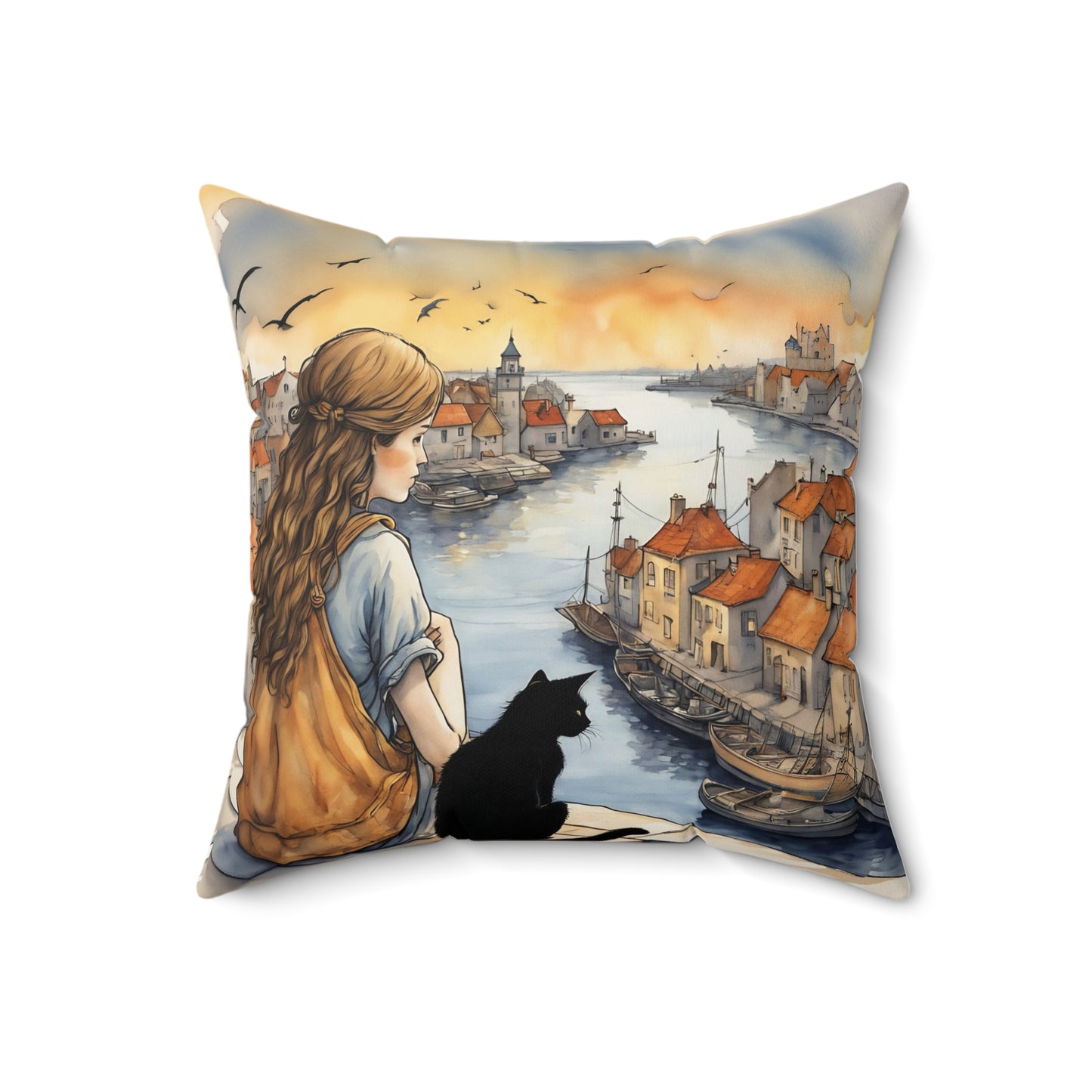 Girl with black cat Black cat on a balcony Square Pillow - by Fairyhill Studio
