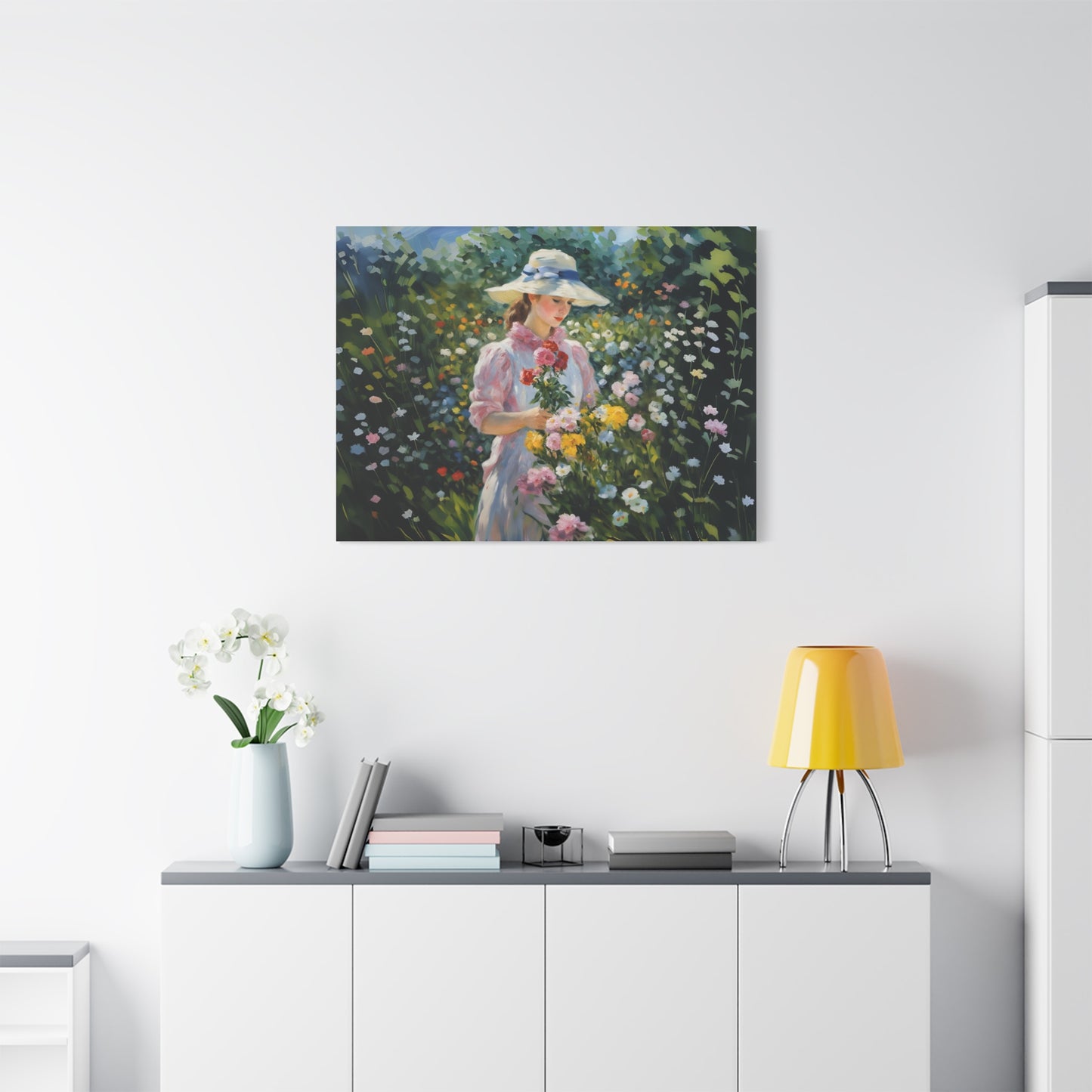 Canvas Art - Monet Style Floral Serenity with Elegant Woman and Flower Basket, Stretched Matte 1 25"