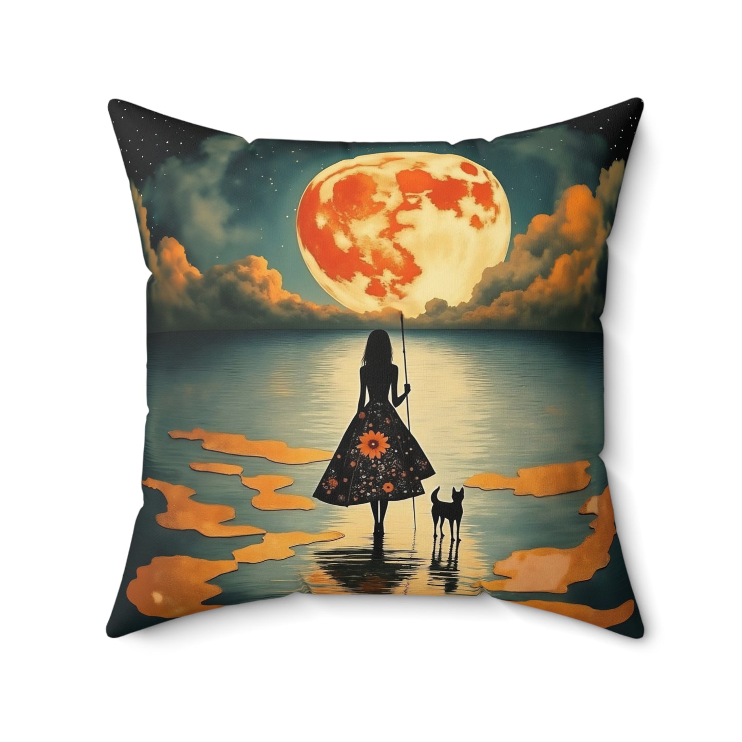Girl with a fullmoon balloon Square Pillow - by Fairyhill Studio