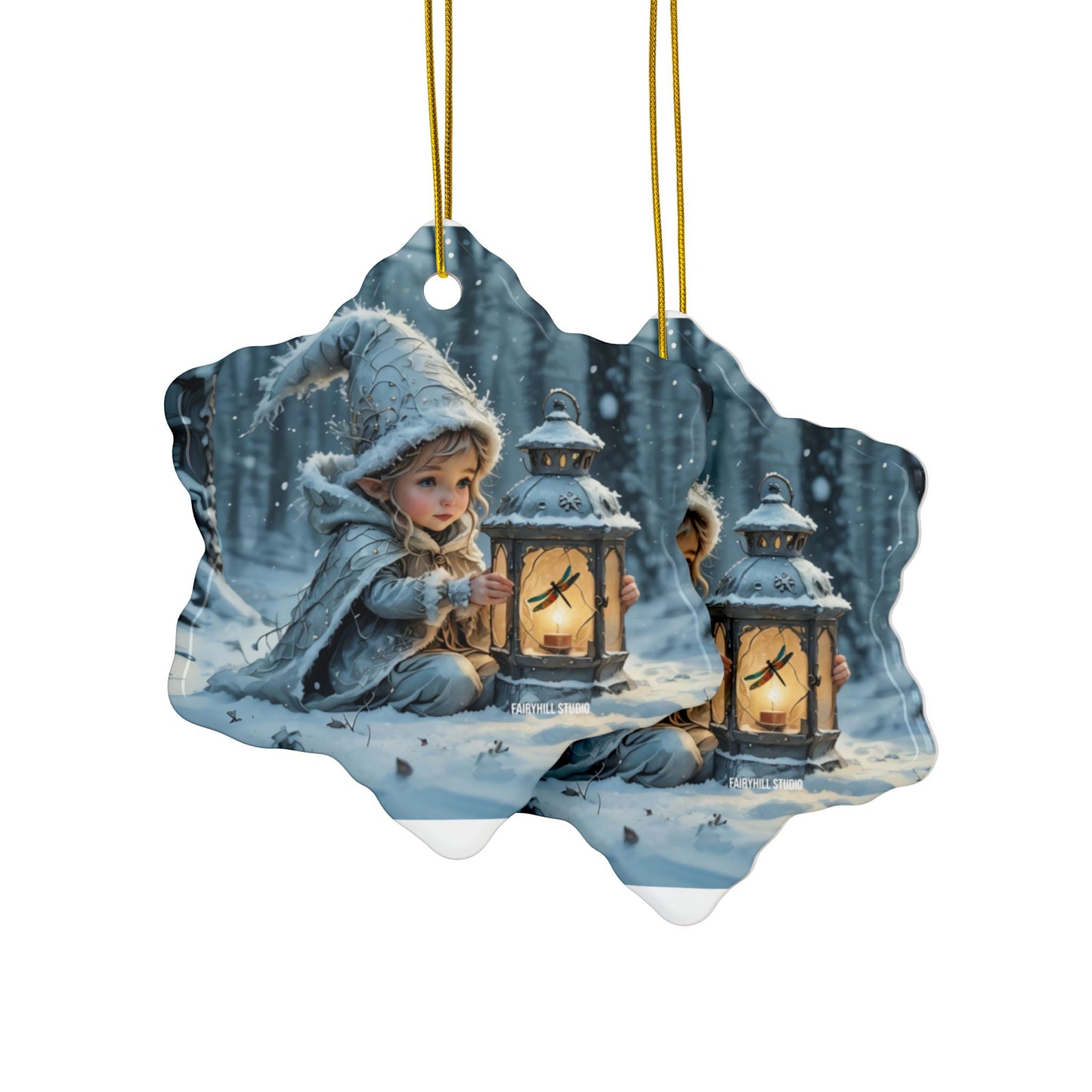 Ceramic Ornaments - Magical Holiday Elf with Dragonfly Lantern Art