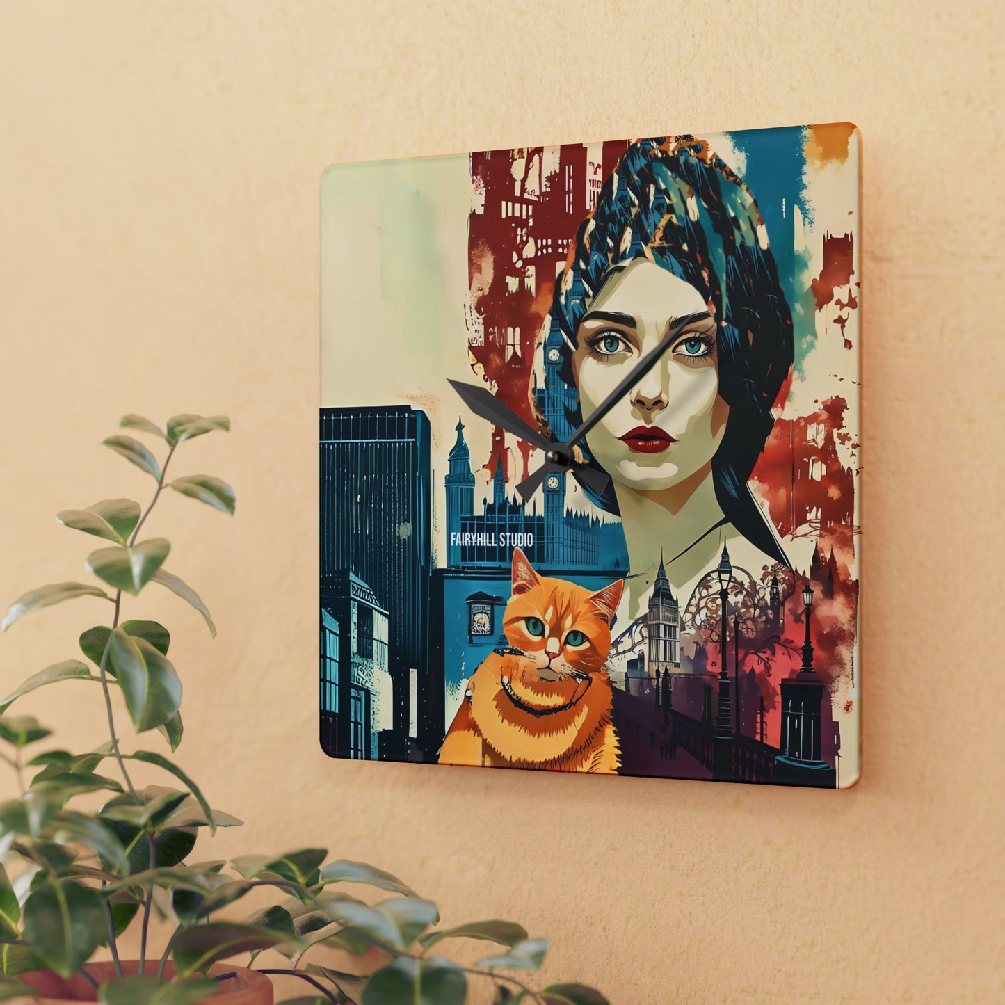 Acrylic Wall Clock -Model with a Yellow cat in London /Art
