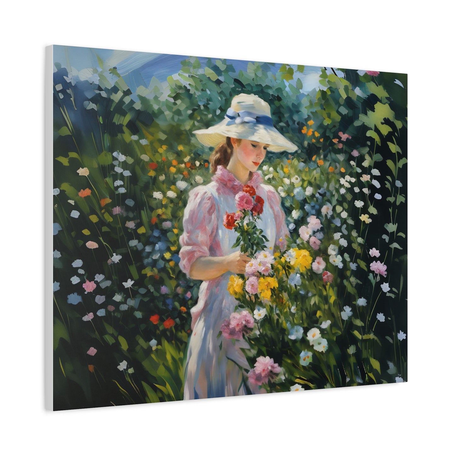 Canvas Art - Monet Style Floral Serenity with Elegant Woman and Flower Basket, Stretched Matte 1 25"