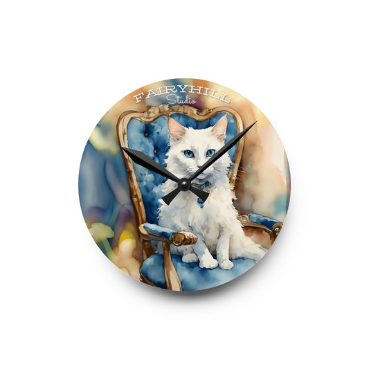 Acrylic Wall Clock - Adorable White Cat with Blue Eyes - Cat Lovers Art by FairyHill Studio