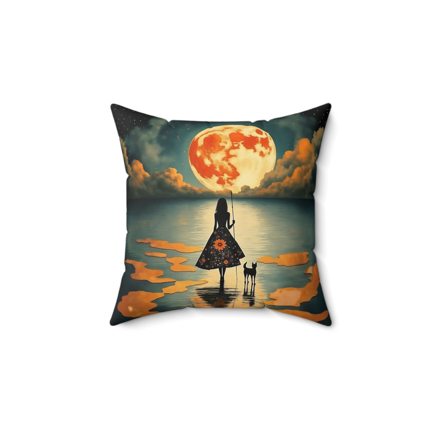 Girl with a fullmoon balloon   Square Pillow - by Fairyhill Studio