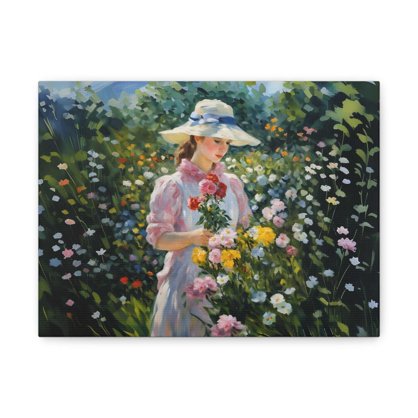 Canvas Art - Monet Style Floral Serenity with Elegant Woman and Flower Basket, Stretched Matte 1 25"