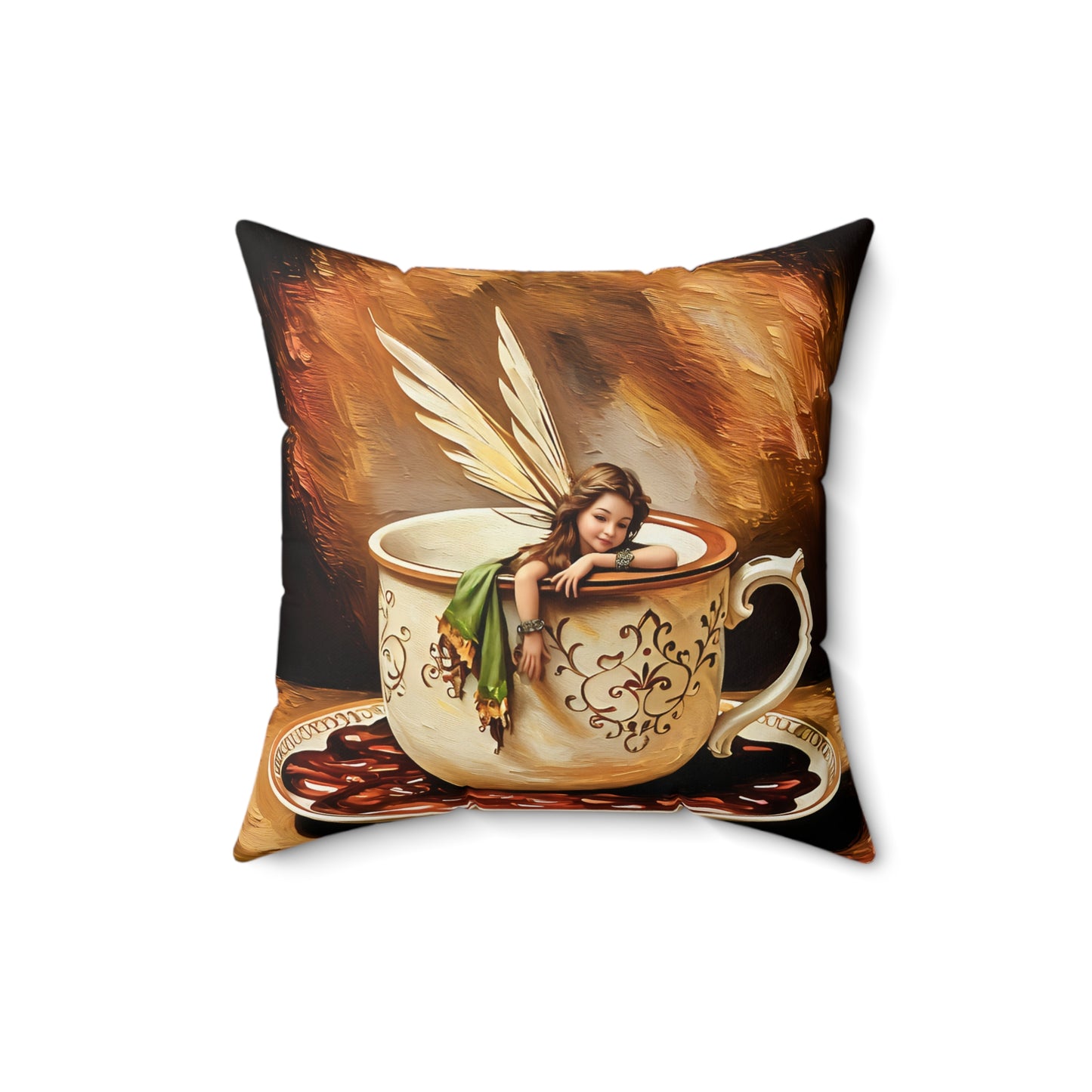 Square Pillow - Coffee Cup Fairy Spun Polyester Pillow for Coffee and Hot Chocolate Lovers