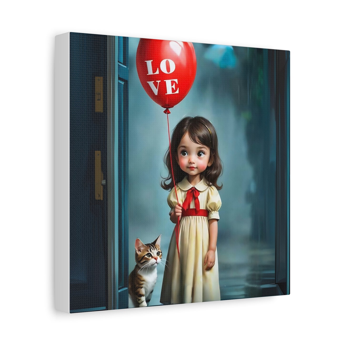 Canvas Print - Cute Girl with Red Love Balloon and Cat Art by Fairyhill Studio