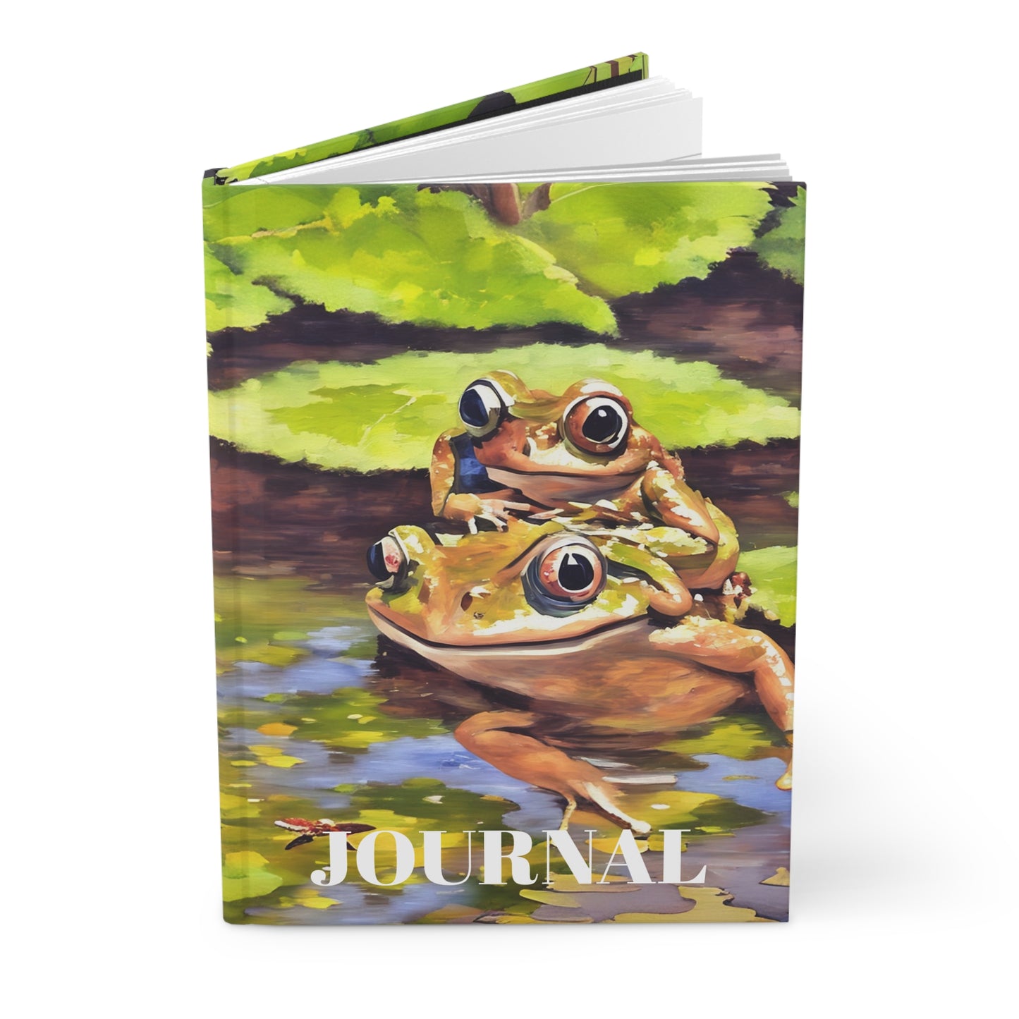 Hardcover Journal Matte -Frogs and a Dragonfly in a Pond