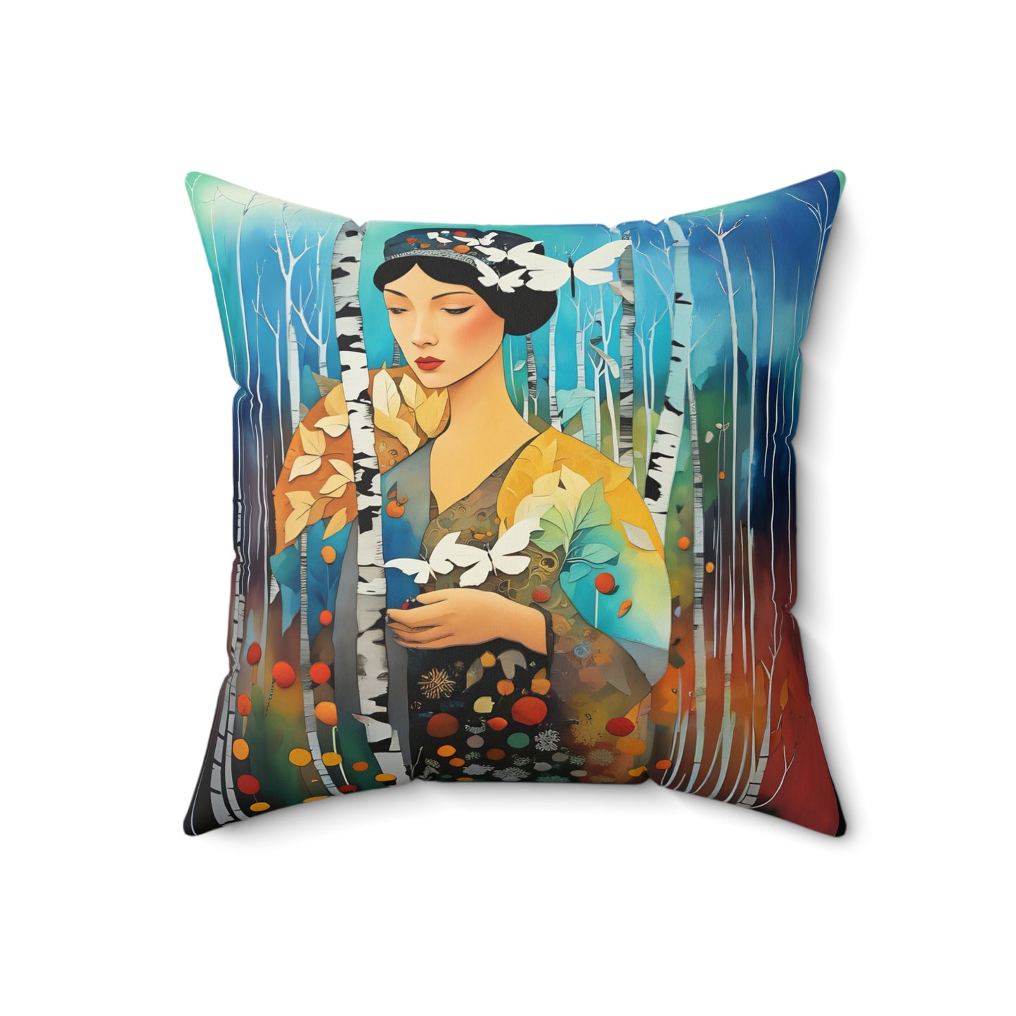 Pillow - Girl in Birch Forest with White Butterflies by Fairyhill Studio