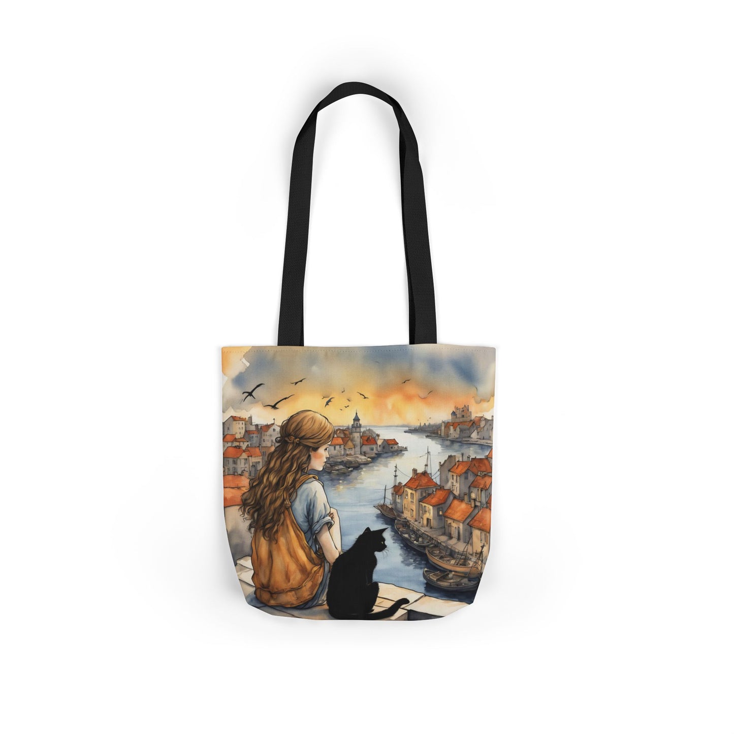 Girl with a Black cat on a roof top FairyHill Studio Red phone- Canvas Tote Bag - Perfect for Beach Days, Eco-Friendly Shopping, and Summer Fun!