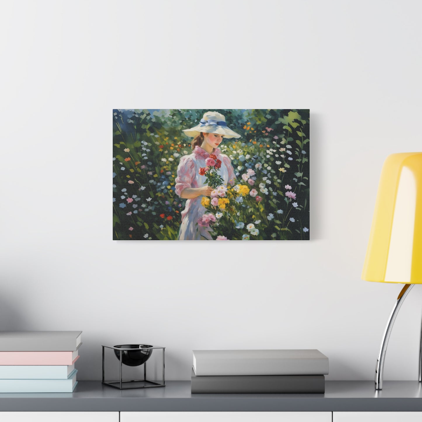 Canvas Art - Monet Style Floral Serenity with Elegant Woman and Flower Basket, Stretched Matte 1 25"