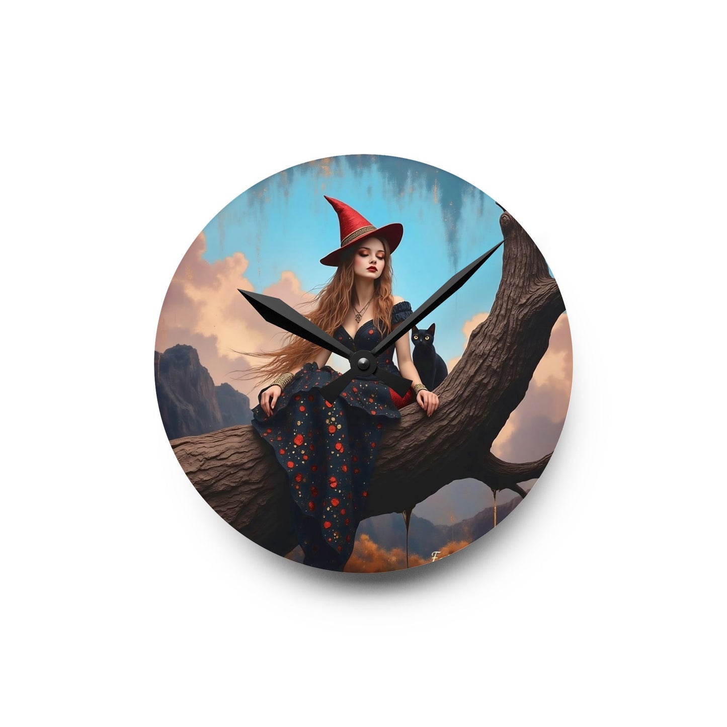Elegant witch with black cat Wall clock  Gift   Acrylic Wall Clock